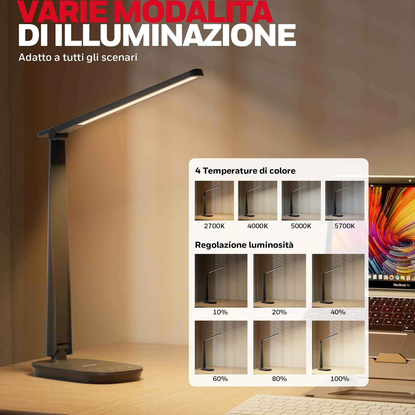 Honeywell HWT-H2 Lampada da Scrivania LED, Luce a Spettro Completo CRI94, Lampada da Tavolo Dimmerabile con Porte USB-A e USB-C, Controllo Touch, Lampada Pieghevole per Ufficio, Lettura e Studio, Nero