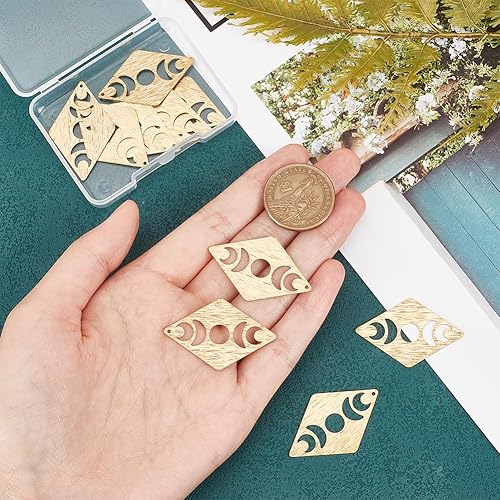 Miniatura 3 de PH PandaHall 10 dijes dorados de fase lunar con rombo con fase lunar de latón, colgantes de media luna de latón, dijes de fase de la luna para