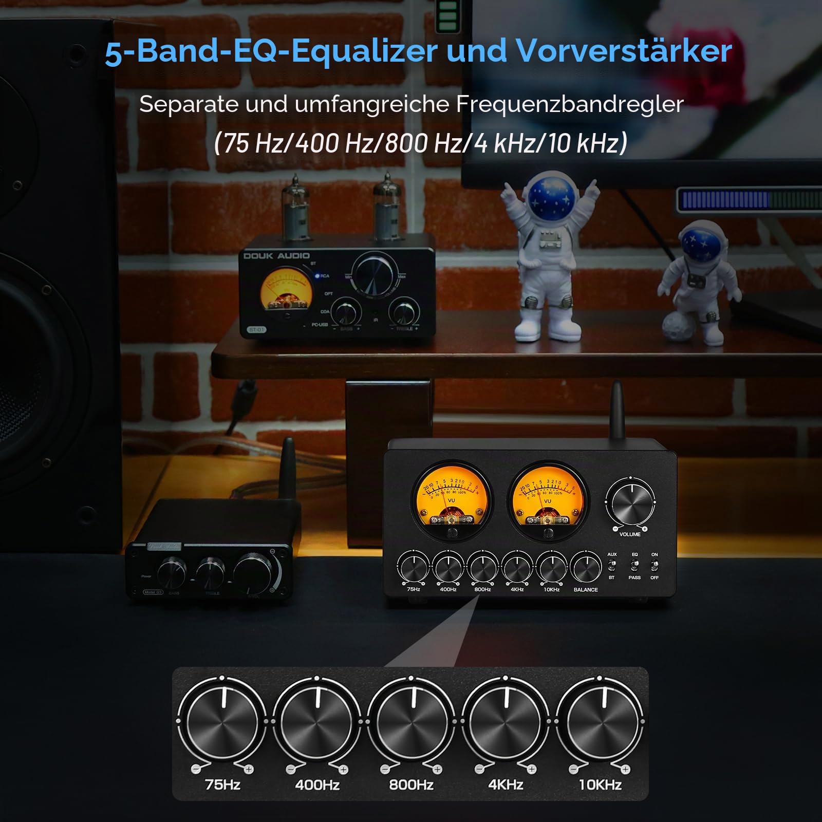 Douk Audio 5-Band-Equalizer Bluetooth EQ Vorverstärker für Heim-Stereo/Computer-Lautsprecher/Verstärker mit VU-Meter (EQ5 PRO)