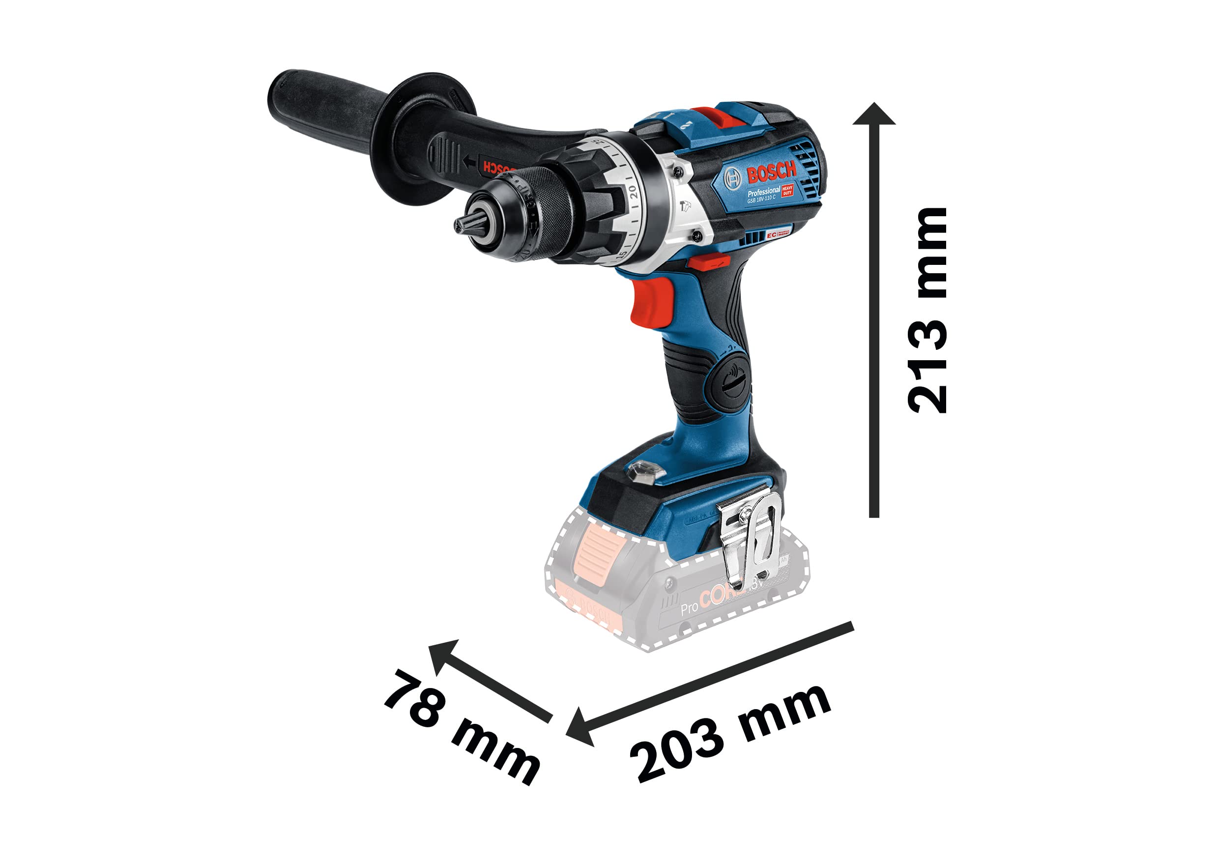 Bosch Professional system 18V: akumulatorowa wiertarko-wkrętarka udarowa GSB 18V-110 C (2 akumulatory ProCORE18V 4.0Ah, szybka ładowarka GAL 18V-40, rękojeść dodatkowa, walizka L-BOXX)