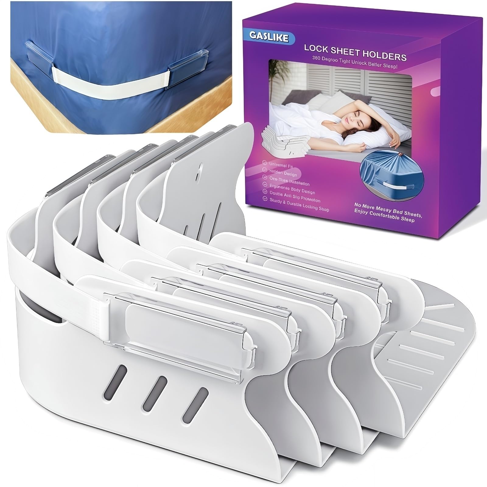 GASLIKE Lock Bed Sheet Holders with Anti-Slip Pads for Corners 4Pcs Secure Bed Sheets Firmly in Place Heavy