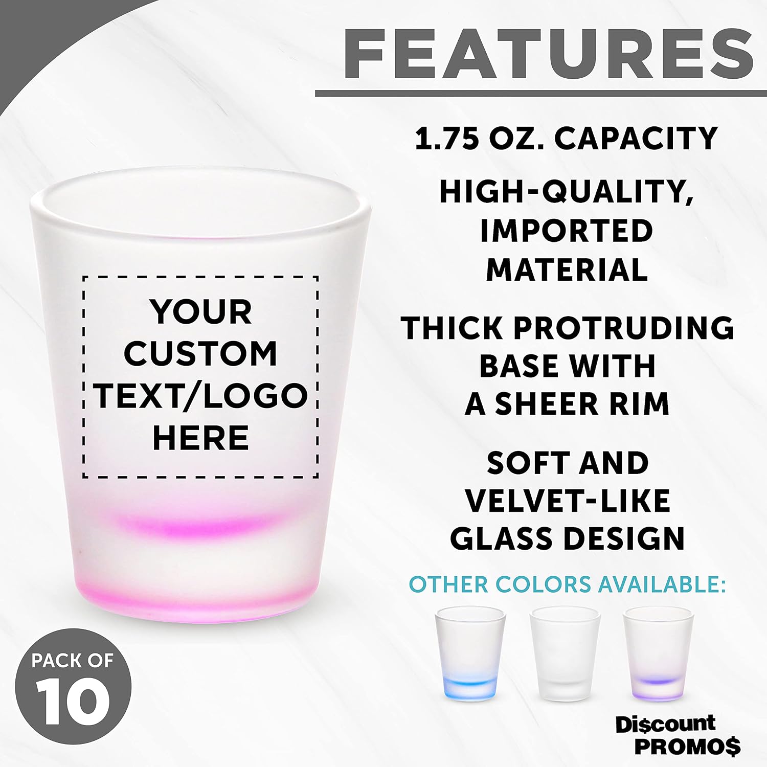 DISCOUNT PROMOS Custom Frosted Glass Shot Glasses 1.75 oz. Set of 10, Personalized Bulk Pack - Durable Barware for Events, Parties, or Weddings - Pink