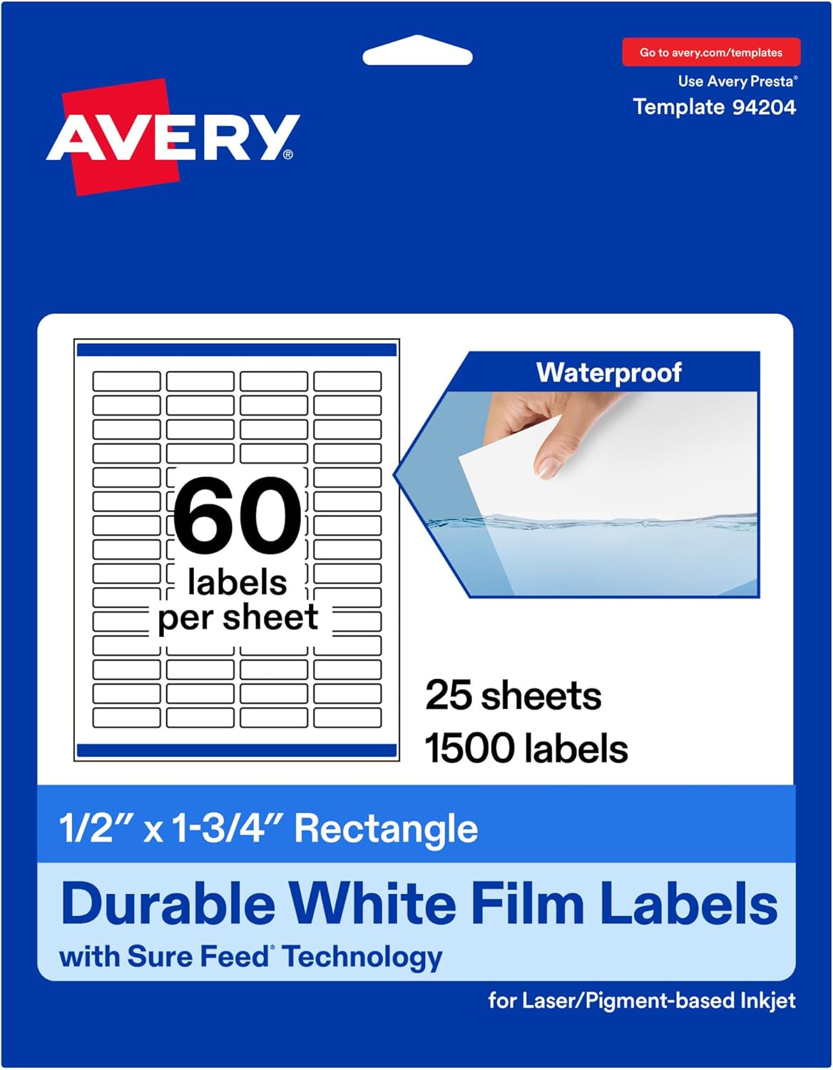 Avery Printable Durable White Rectangle Labels, Sure Feed Technology, 1/2" x 1.75", Print-to-the-Edge, Waterproof Labels, Laser & Pigment-Based Inkjet Compatible, 1500 Total