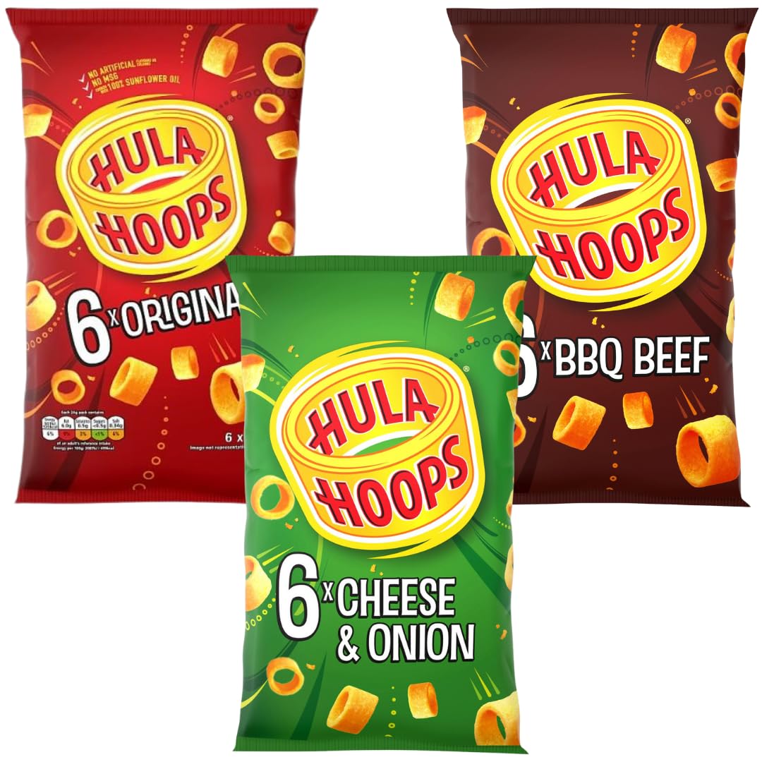 Crisps Bundle With Hula Hoops BBQ Beef Multipack Crisps, Cheese & Onion Crisps and Original Crisps(6 x 24g Per Pack, 3 Packs Total)