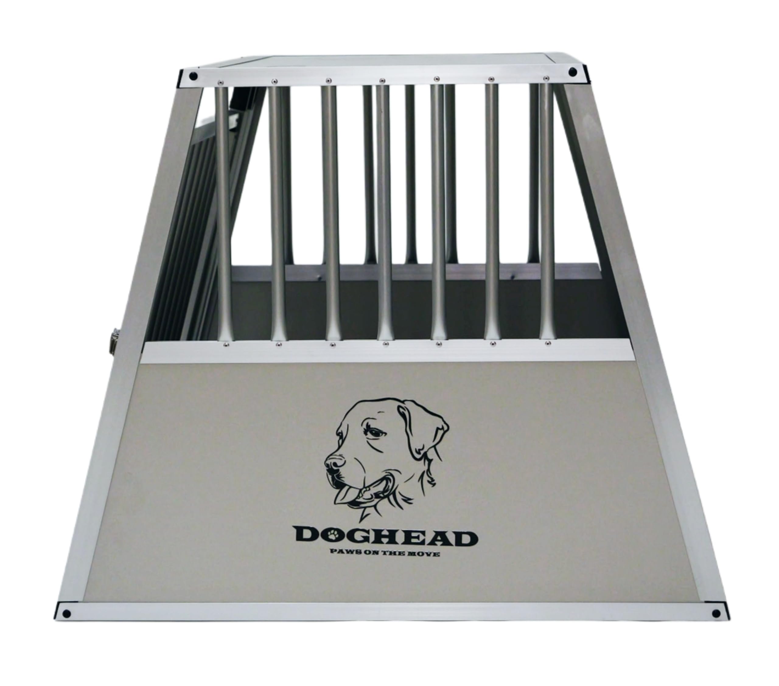 DOGHEAD Hundetransportbox Comfort, Single 80x85x69 cm, Grau/Silber, Aluminium, Beidseitig Abgeschrägt 75°, für Kombis Nicht geeignet