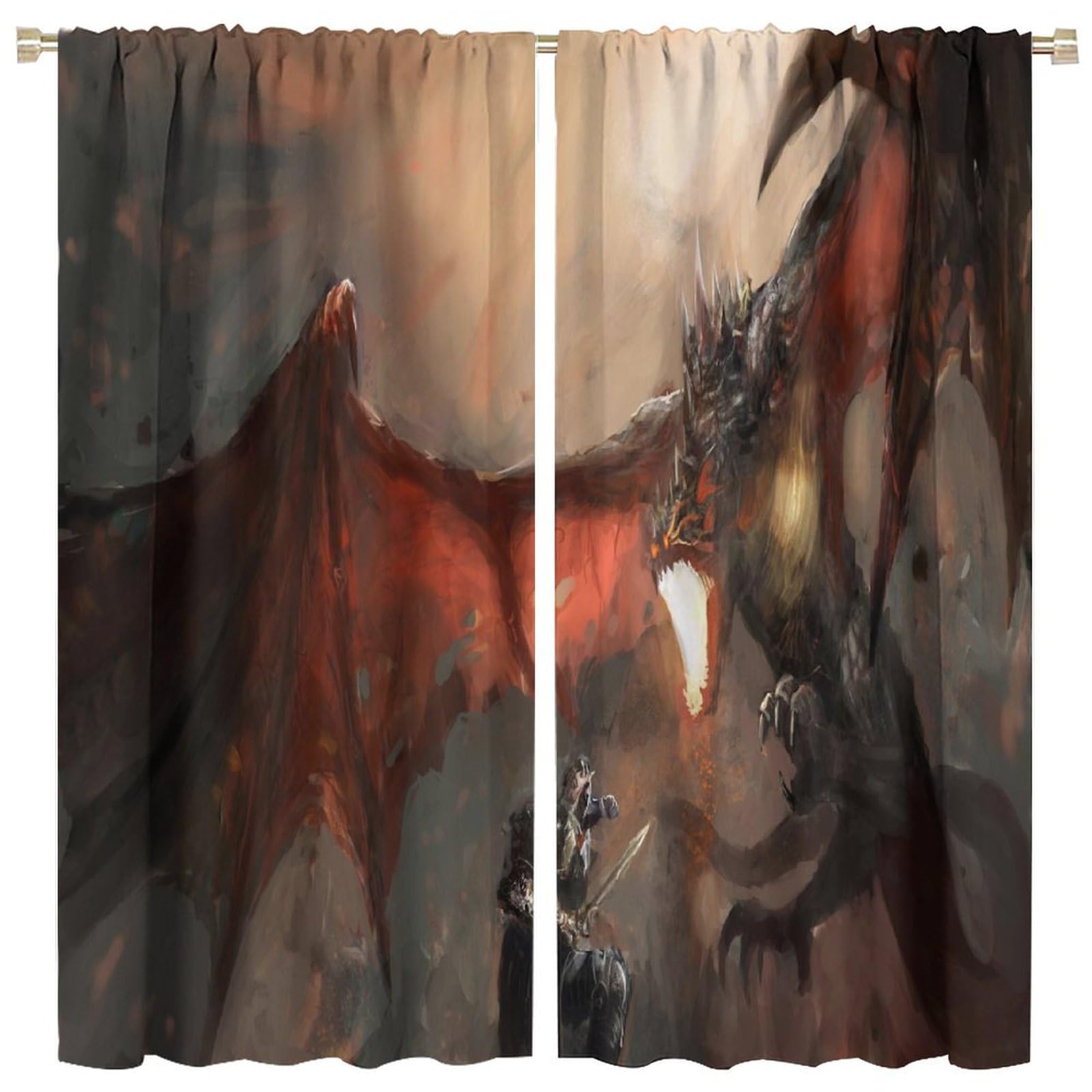 Dragon Blackout Window Curtain,Magical Medieval Malicious Red Dragon Flame and Human War Thermal Insulated Room Darkening Curtains for Living Room Bedroom Drapes 2 Panels 63x63in
