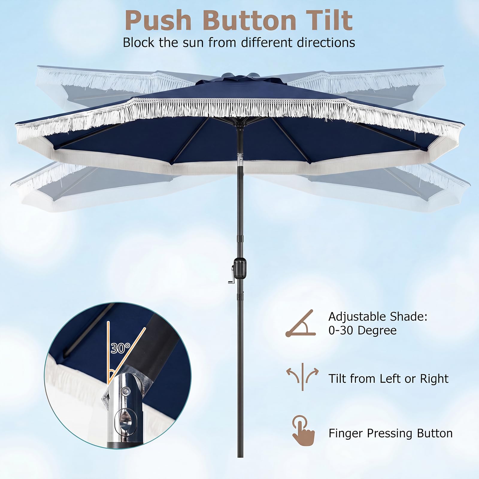 KOMFOTTEU Ø 270 cm Parasol de Jardin Exterieur, inclinable à 30°