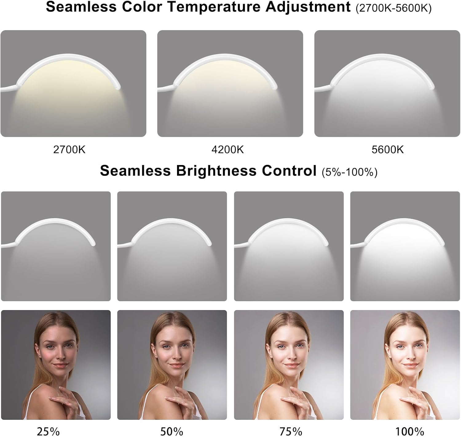 Half Moon LED Floor Light - Professional Shadow-Free, Dimmable Lamp | for Lash Techs, Estheticians & Tattoo Artists | Eyelash Extensions, Nail Art, Home & Office (Charcoal White)