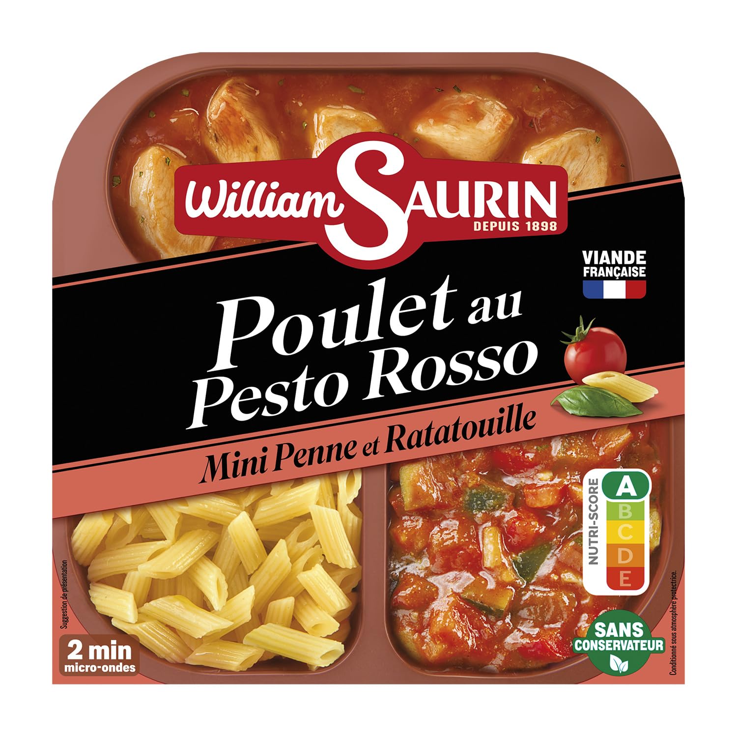 WILLIAM SAURIN Poulet au Pesto Rosso Mini Penne et Ratatouille 320g - Plat Cuisiné Sans Conservateur Viande Française - Lot de 3