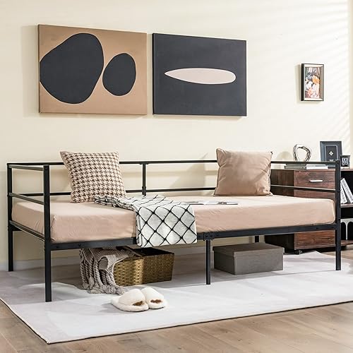 Giantex Marco de cama de metal tamaño individual, cama de día con soporte de listones de metal y barandillas de 3 lados, sofá cama 2 en 1 que ahorra
