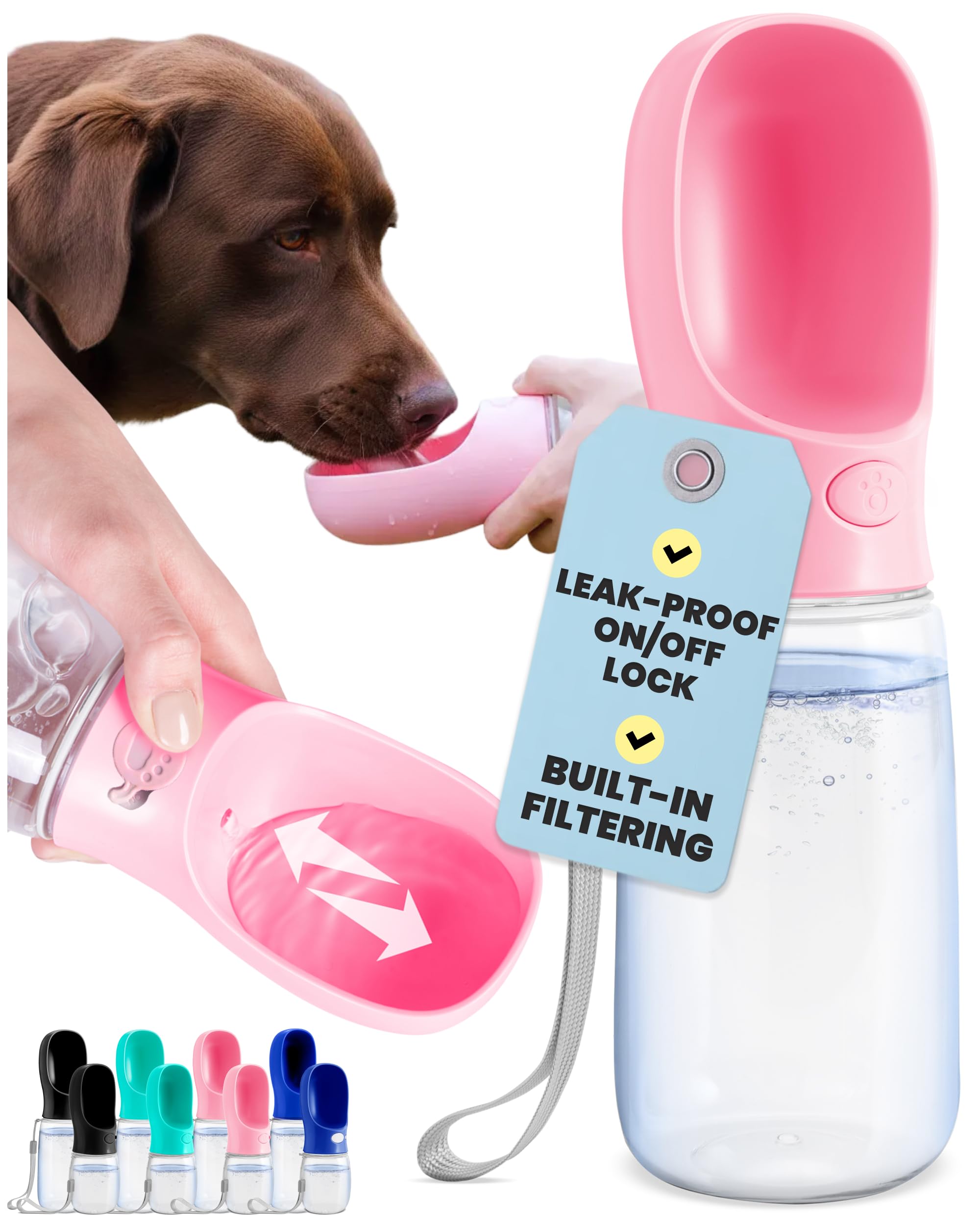 MalsiPree Leak-Proof Portable Dog Water Bottle for Travel - 19 oz, with Pink Bowl - Food Grade Plastic - Dog Bowls - Puppy Essentials - Pet Water Bottle