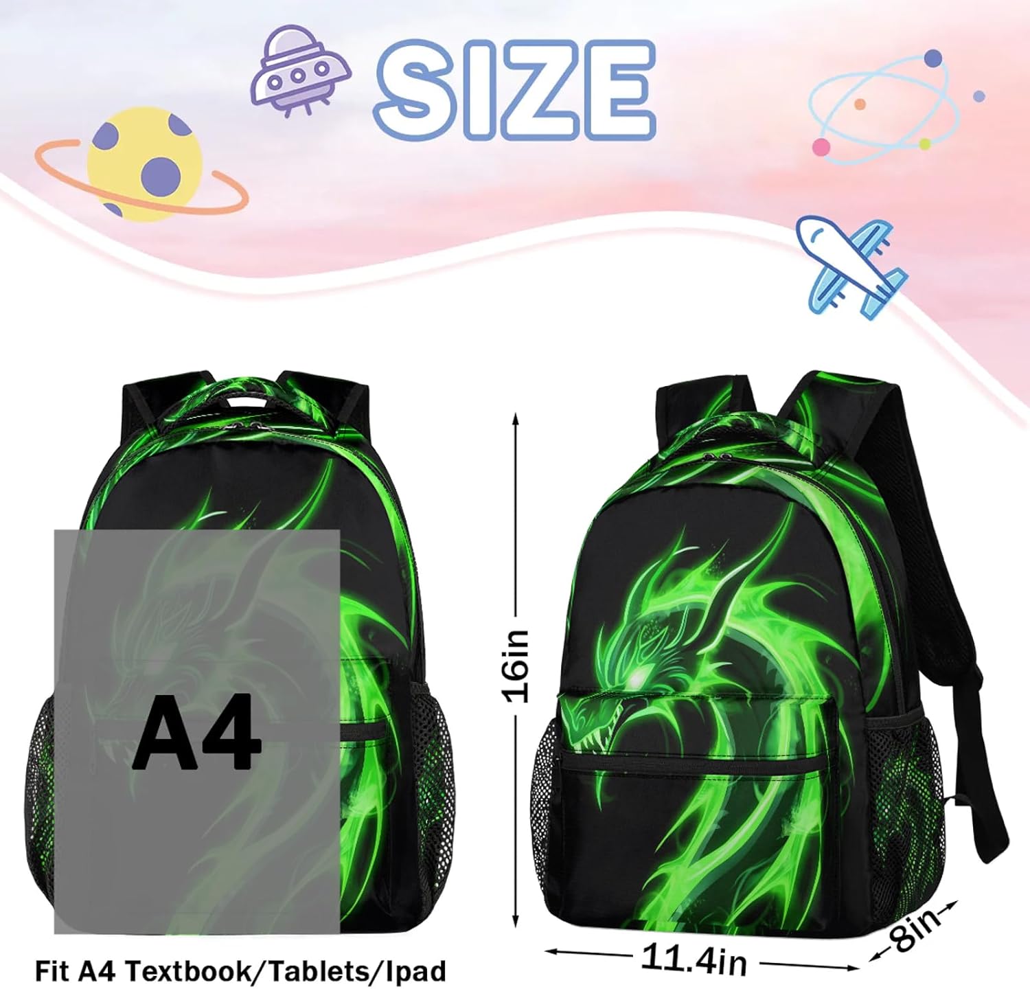 Kids Backpack for Boys - 16" Green Dragon School Backpack Lightweight Waterproof Elementary Schoolbag Kindergarten Book Bag Travel Daypack for Students