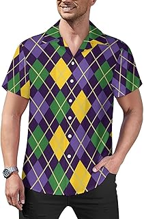 Green and Purple Mardi Gras Abstract Geometric Pattern Mens Shirts Hawaiian Short Sleeved Cuban Collar Graphic Tees Tops