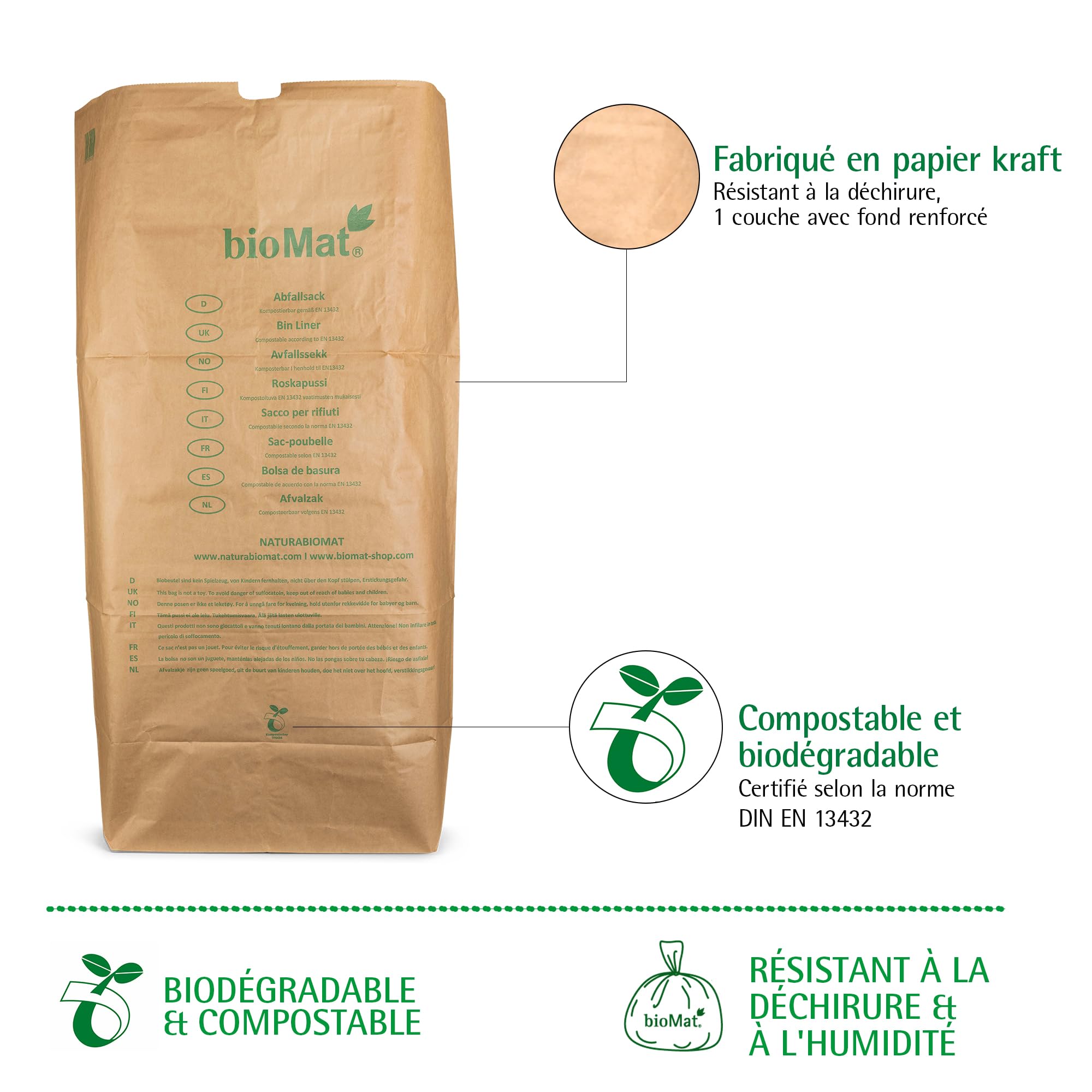 bioMat 240L Sacs Papier Compostables, 25 Sacs, 1 Couche, Certifiés EN 13432