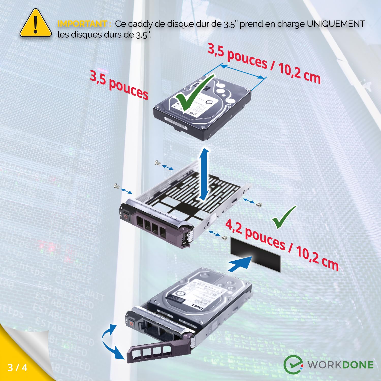 WORKDONE Pack 4u. - Plateau Caddy HDD 3.5" - Compatibles avec Les serveurs Dell PowerEdge - Manuel Installation Détaillée - Autocollants Partie Avant - Tournevis