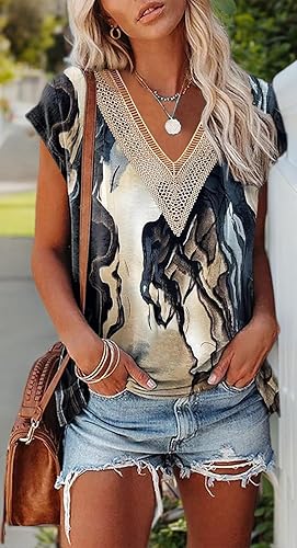 Miniatura 5 de Camisetas de verano para mujer, camisetas de manga casquillo, blusa casual con cuello en V, encaje y estampado floral, ajuste holgado