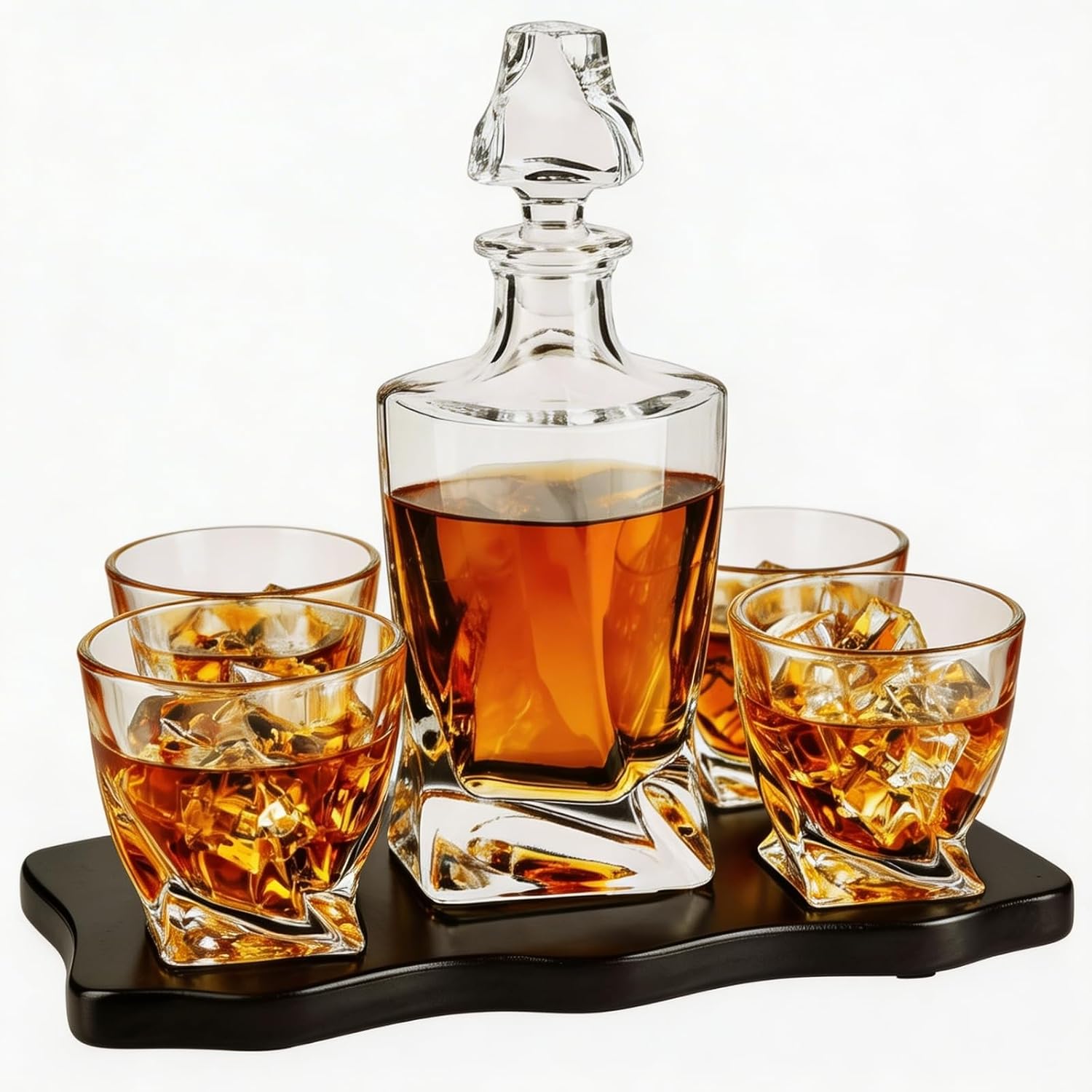 Ember Japanese Crystal Whisky Decanter Set with 4 Tumbler Glasses, Lead-Free Liquor Carafe & 10oz Rocks Glasses - Scotch Bourbon, Spirits & Wood Base Elegant Barware Gift for Men, Japan Design Gifts