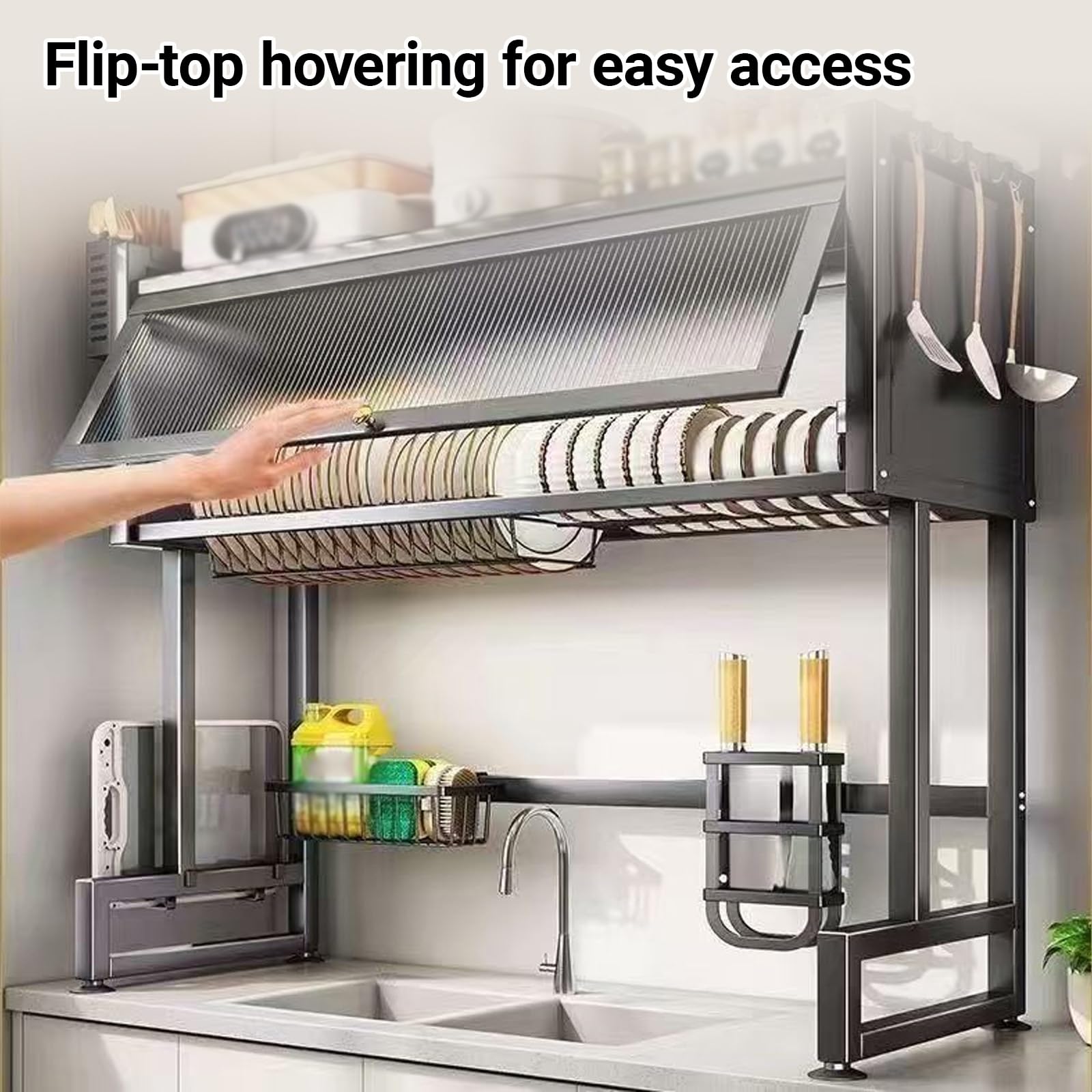 OverSink - Escurridor de platos con cubierta, 29.5 pulgadas, multifuncional, de acero al carbono, para platos, vasos y cuencos, color negro