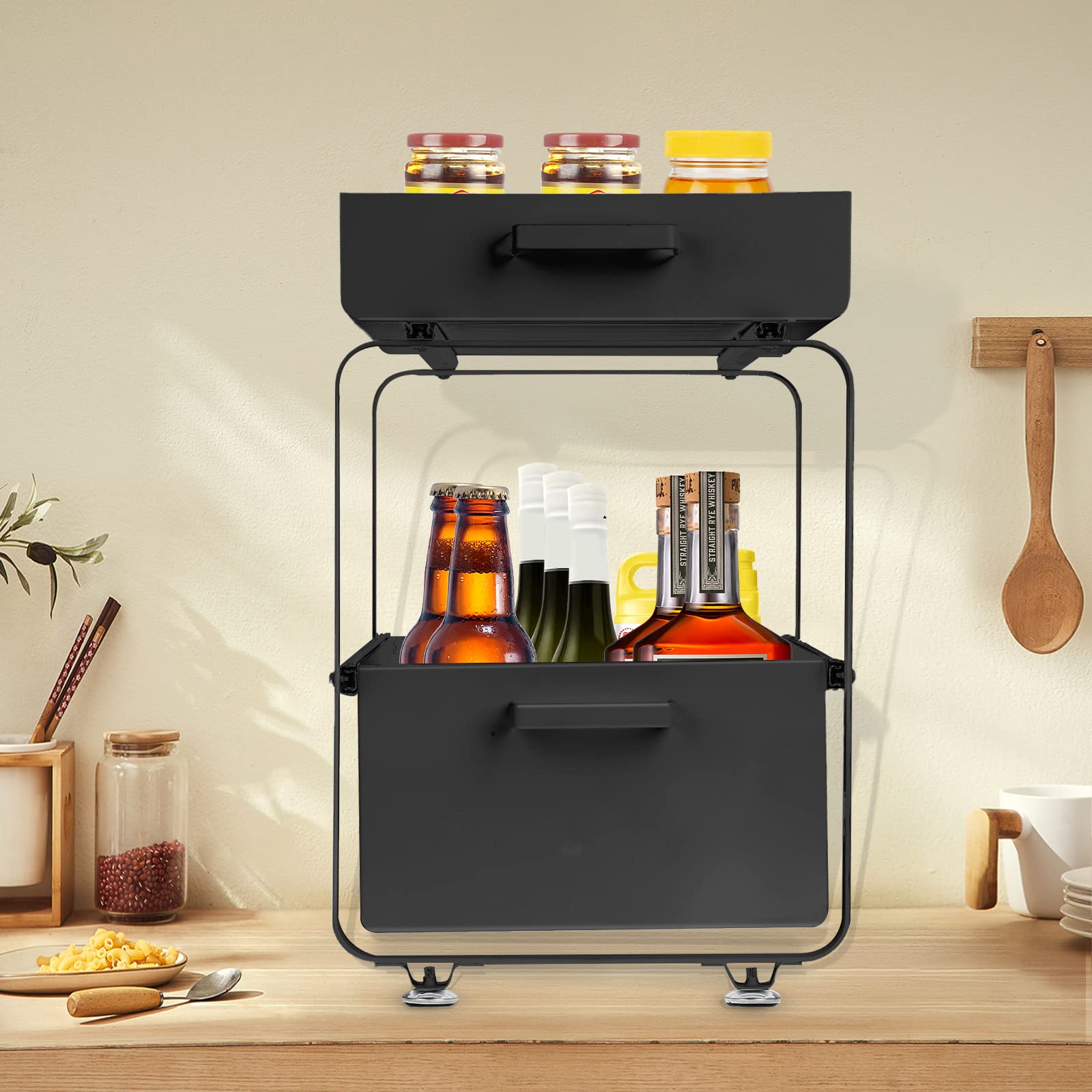HUOLE Almacenaje Bajo Fregadero 2 Niveles Organizador con cestas deslizantes Especiero con 2cajones Acero Inoxidable Organizador para Cocina,Baño,Oficina-40 * 25.5 * 39.5cm-negro-2pc