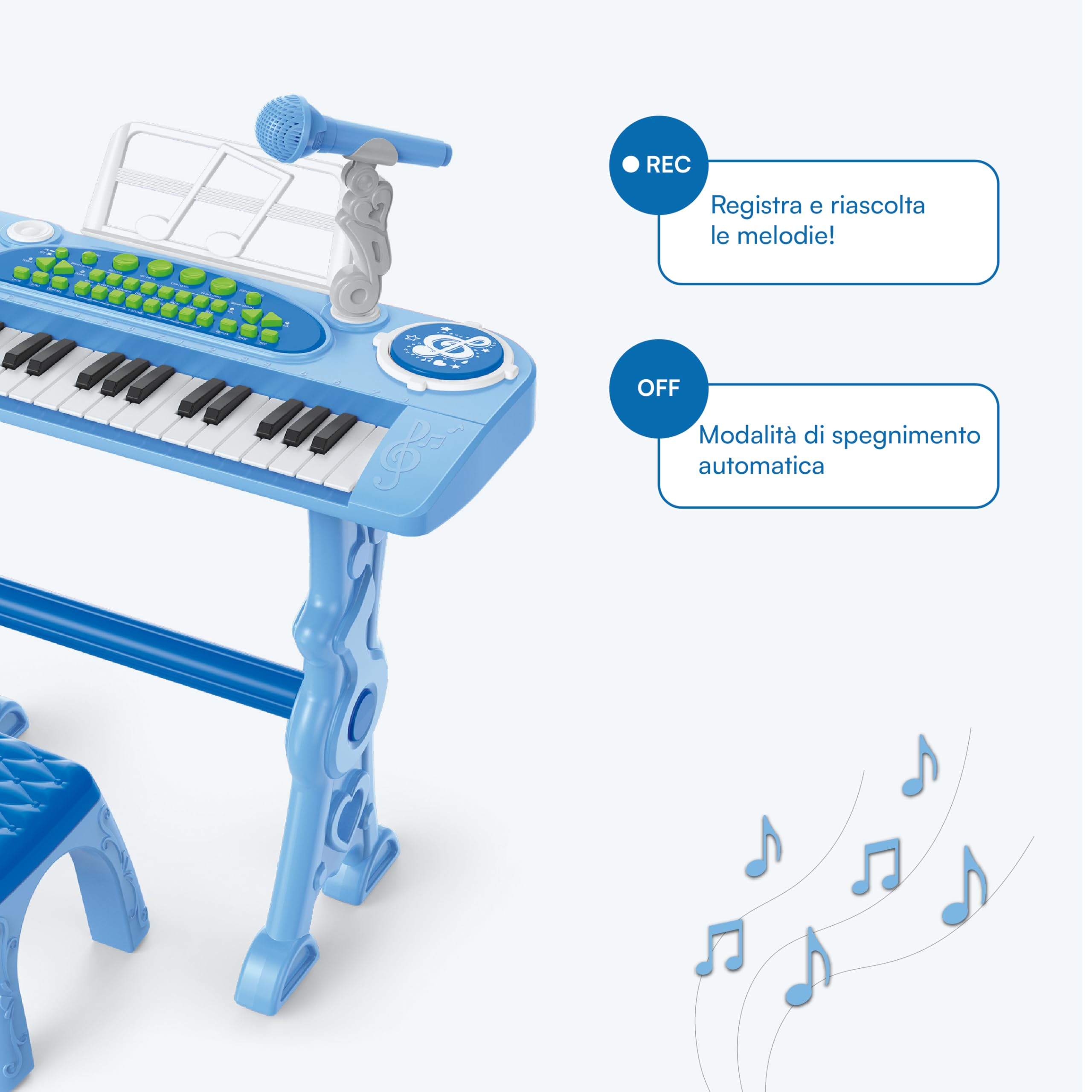 Baroni Toys Tastiera Elettronica con Sgabello per Bambini 3+ Anni con Microfono, Pianola Musicale con Melodie e Suoni Educativi, Tastiera 37 Tasti con Sedia Azzurra, 48x20x53cm