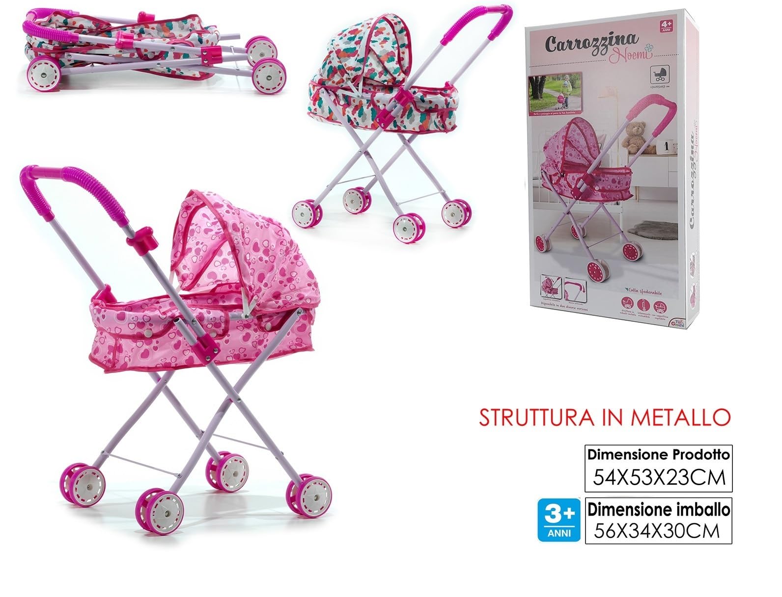 Passeggino per Bambole con Cappottina Pieghevole Metallo Plastica Carrozzina Richiudibile per Bambine Giocattoli Bimbe Passeggino per Bambole Passeggino Carrozzine (CARROZZINA METALLO IN SCATOLA)