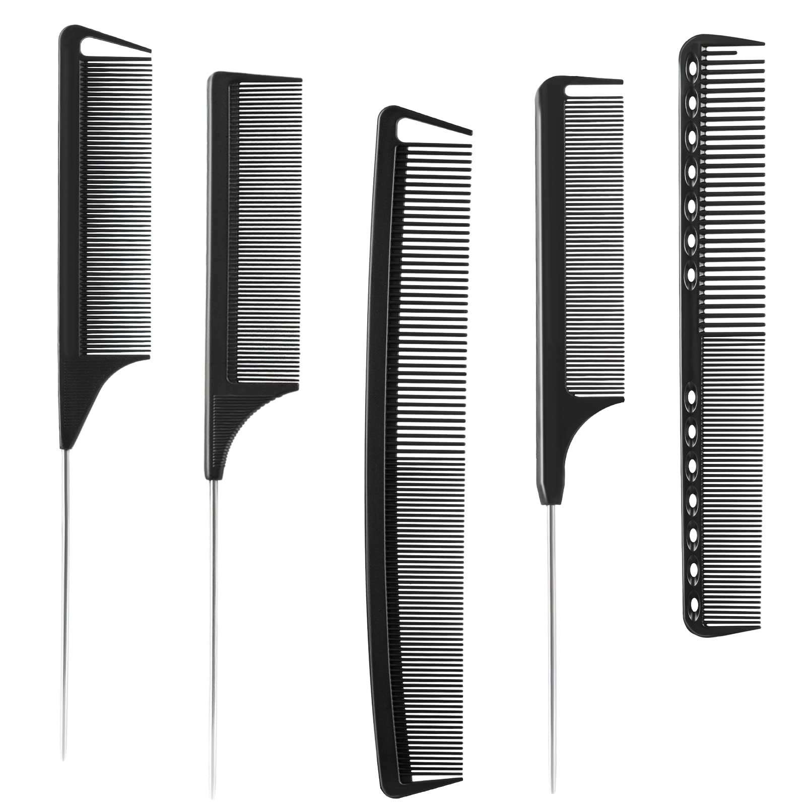 5 Pieces Pintail Comb Rat Tail Comb Carbon Fiber Cutting Comb Set Stainless Steel Pintail Comb Teasing Comb Parting Comb, Black Wide and Fine Teeth Comb for Braids Hair Salon Home Supplies