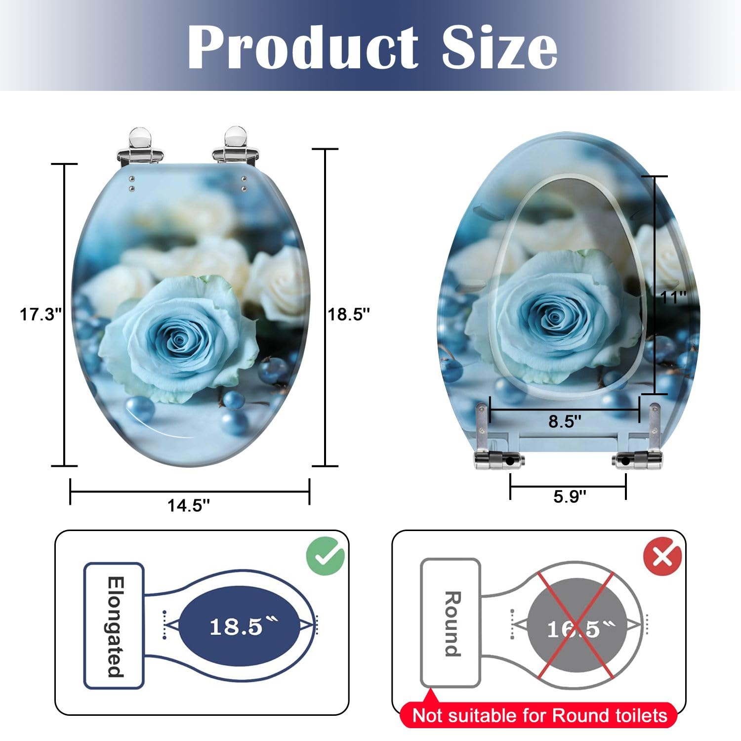 Sedile WC Allungato Blu, con Decorazioni A Rose, Conchiglie E Resina Perlata, Chiusura Lenta E Silenziosa con Cerniere A Sgancio Rapido, Facile Da Pulire E Installare con Copriwater.