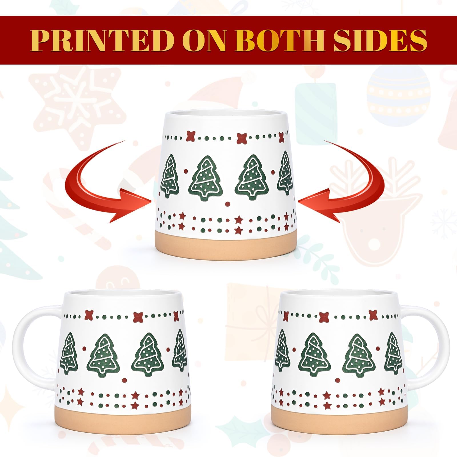 Joymaking Lot de 4 tasses de Noël - Cadeaux de Noël pour femmes et amis - Tasse à café avec sapin de Noël, neige, bonhomme en pain d'épice, tasse de Noël pour cacao chaud, vin chaud, 400 ml