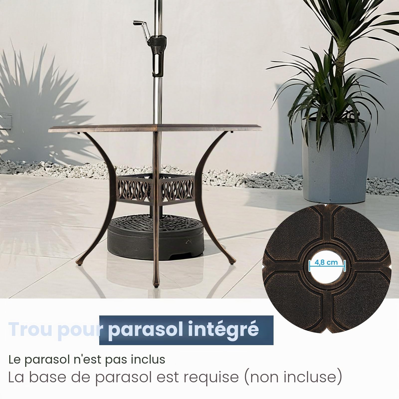 GIANTEX Table de Jardin Bronze avec Trou de Parasol de Ø 4,8 cm, Table de Balcon en Fonte d'Aluminium 80 x 80 cm pour 4 Personnes, Pieds Réglables, pour Terrasse, Jardin