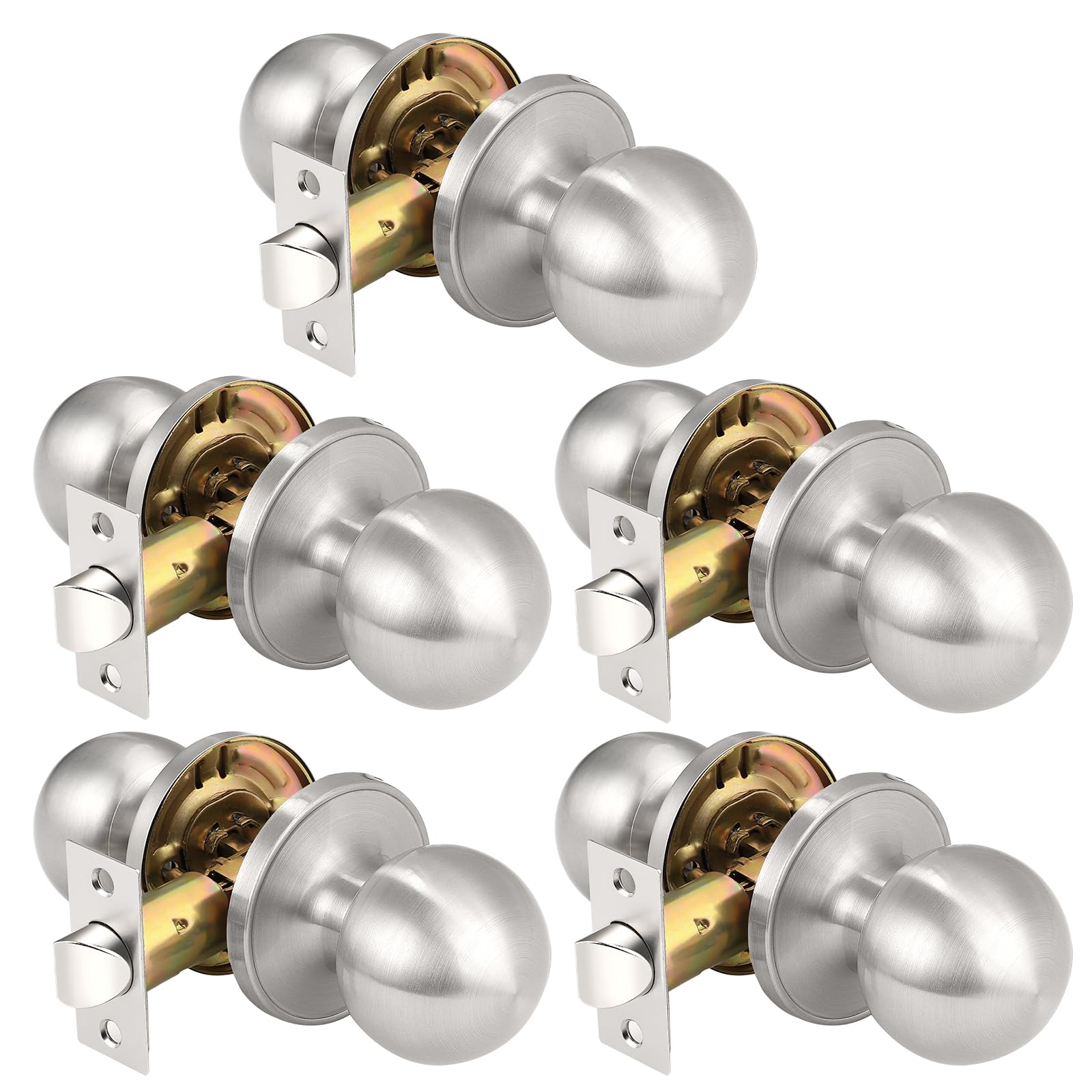 KNOBWELL Brushed Nickel Interior Door Knob, Closet Door Knobs with Round Ball Knob for Passage, Hallway Doors, Keyless Non-Locking Indoor Door Knob, 5