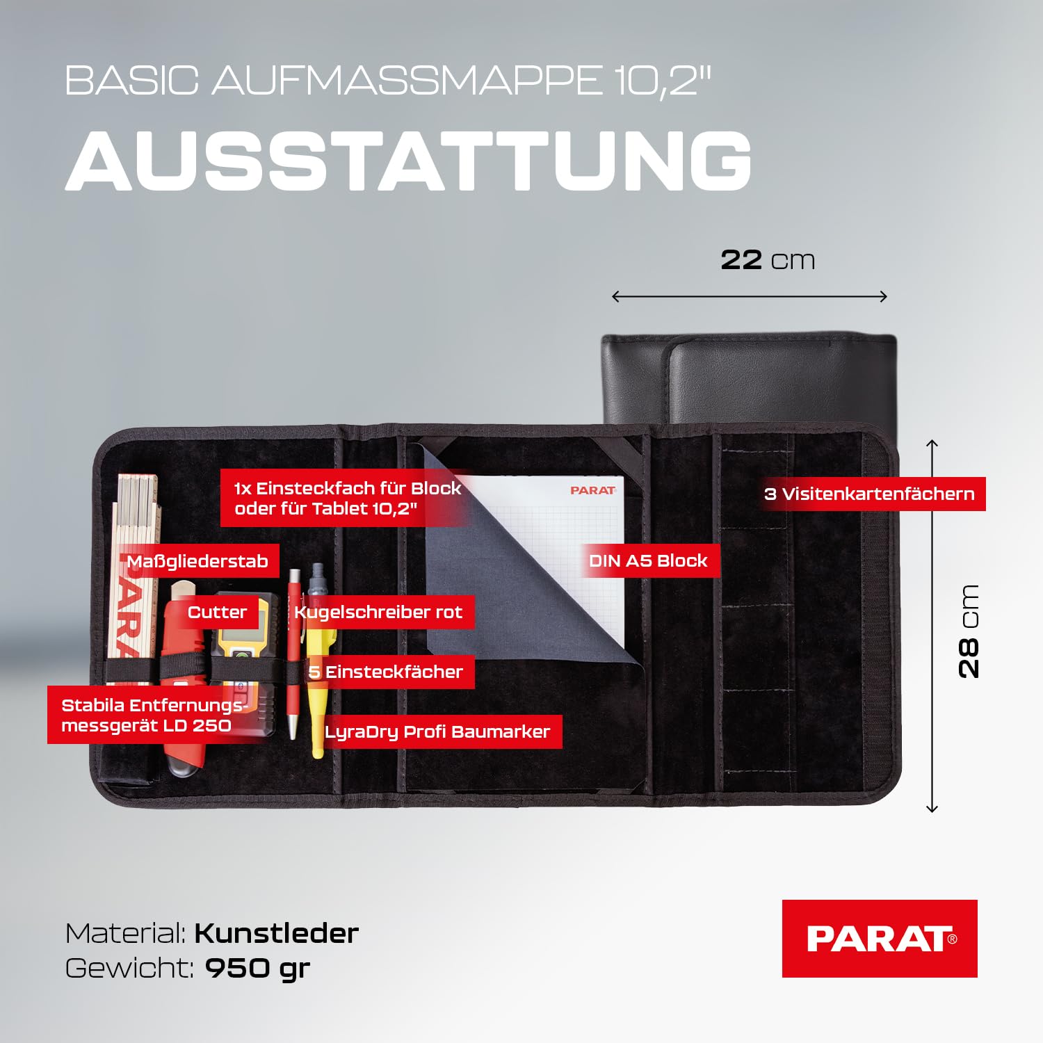 PARAT BASIC Aufmaßmappe 10,2" bestückt | Messmappe mit Laserentfernungsmesser, Zollstock & Tabletfach | Aufmaß-Set für Handwerk & Bau | Werkzeugmappe aus Kunstleder | sofort einsatzbereit