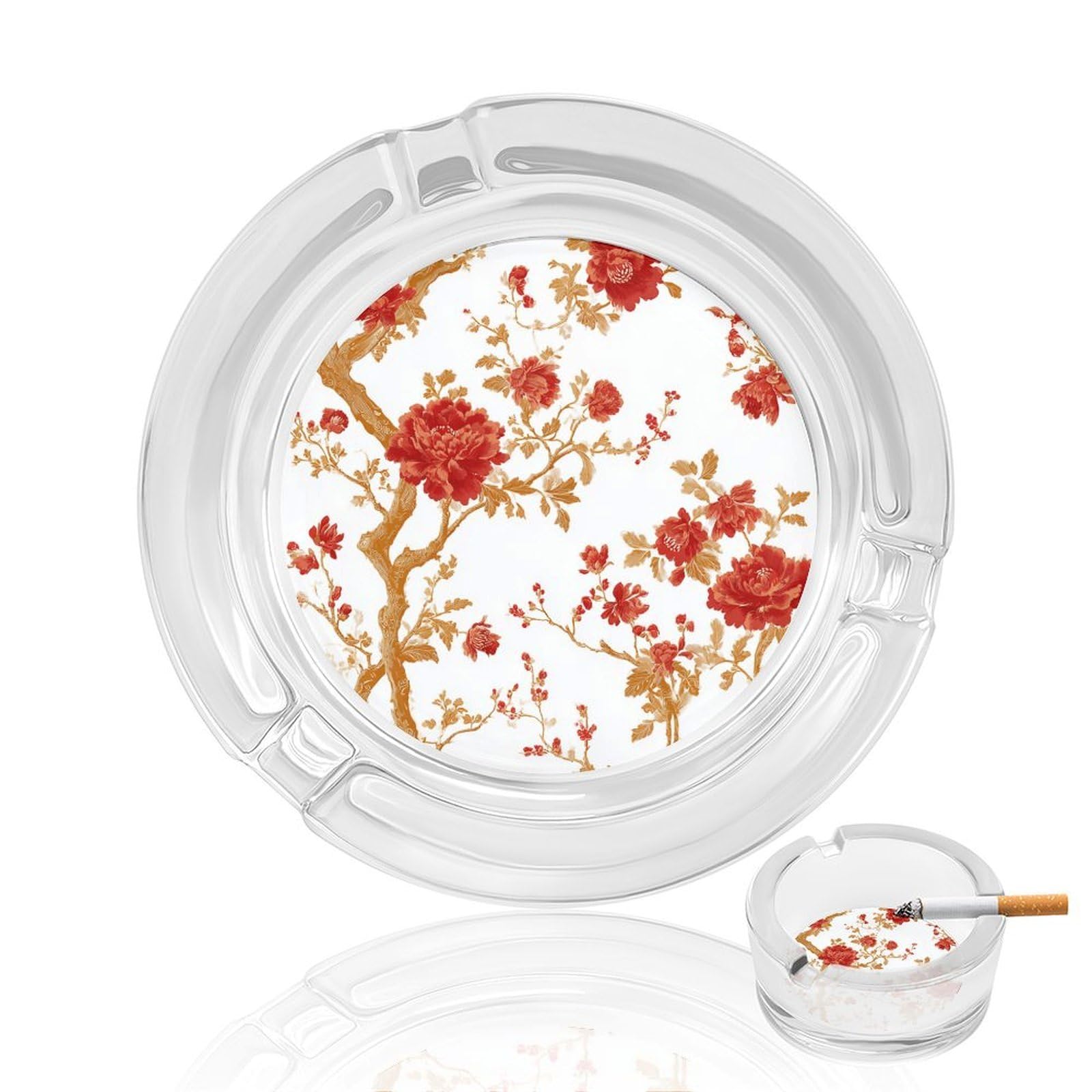 Red And Gold Chinoiserie Toile Vintage Floral Glass Ashtray for Cigarettes Portable Decorative Ash Trays for Home Office Decor