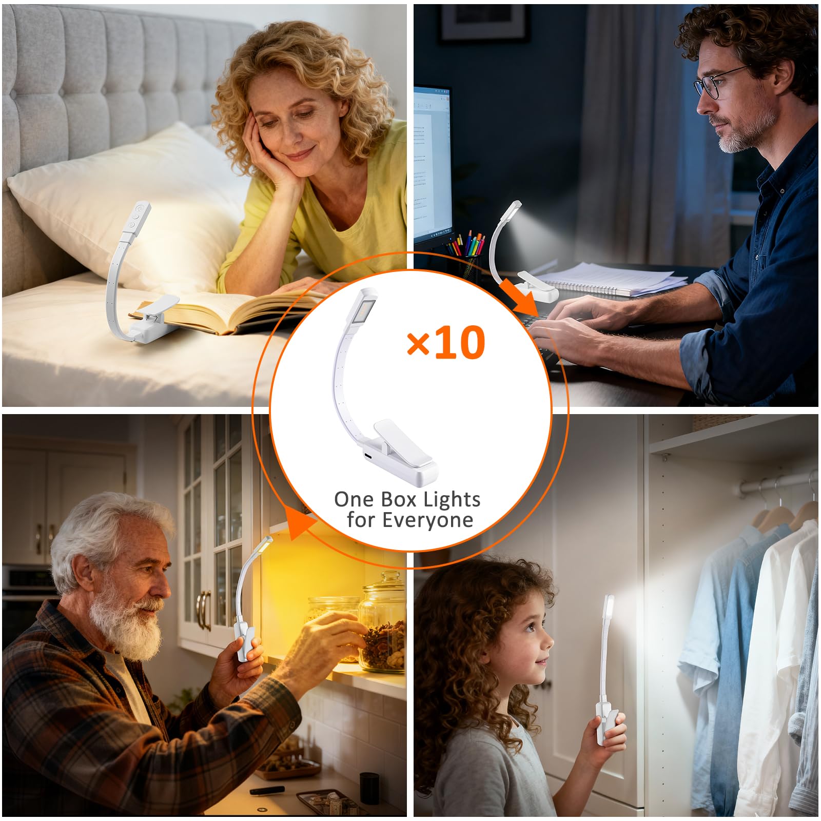 VZZNN 10 luci da lettura a clip, luce ricaricabile con 5 LED, 3 temperature di colore e oscuramento continuo, lampada portatile da letto (bianco)