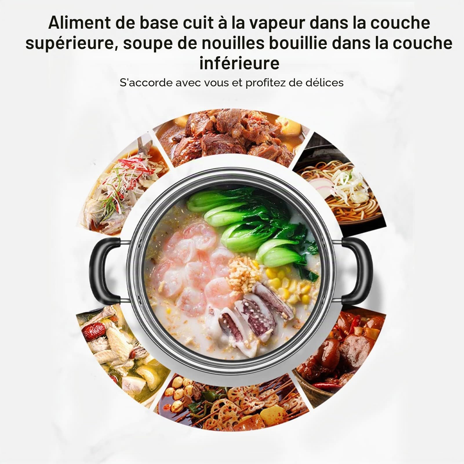 Ensemble de Marmites à Vapeur en Acier Inoxydable à 2 Couches, Cuiseur Vapeur pour la Cuisson, Casserole de Tous les Jours, Ensemble de Casseroles à Vapeur, avec Couvercle en Verre, Casserole à Induct