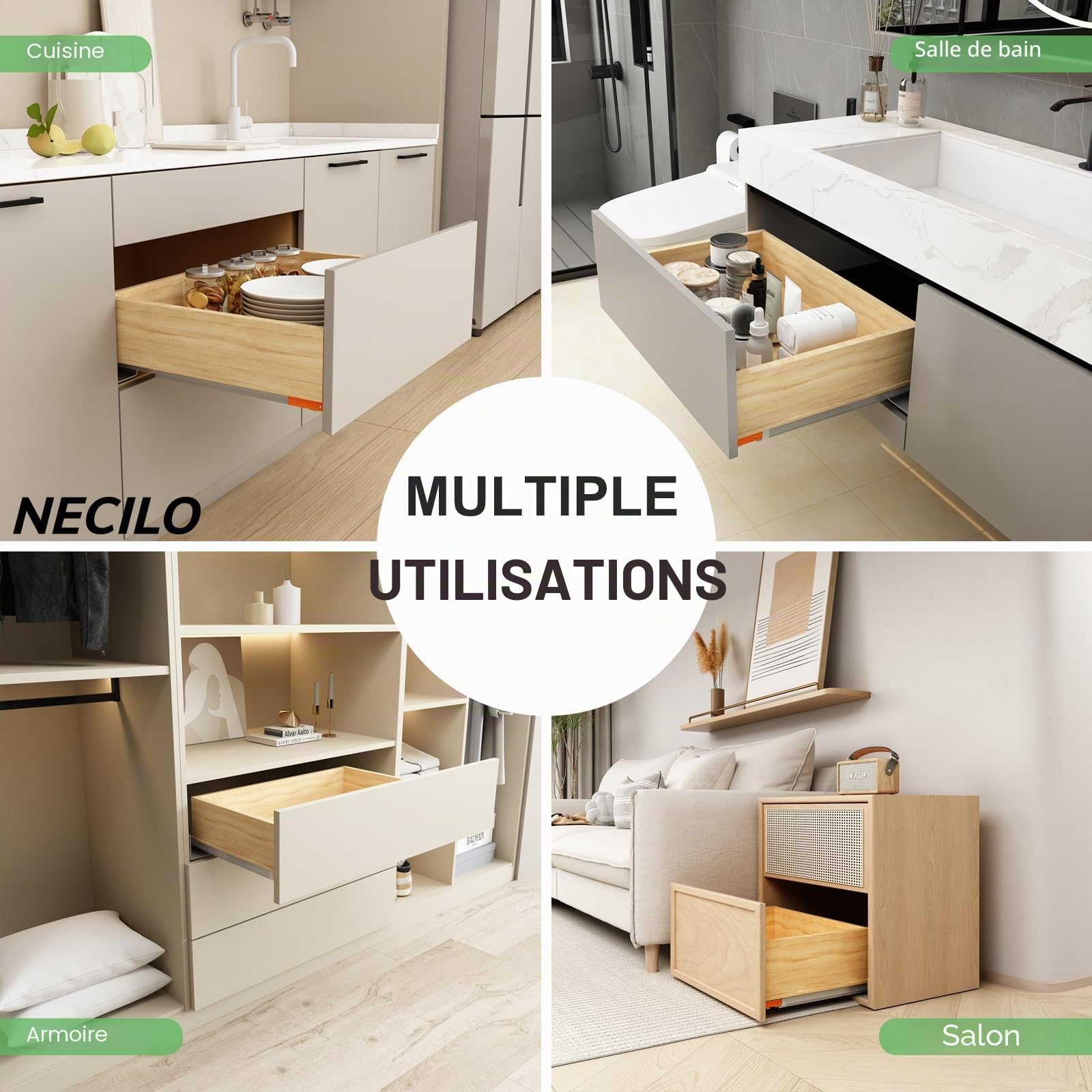 NECILO Glissières à montage sous plan, push to open et soft close, 500 mm | Extension totale, capacité de charge de 35 kg, 1 paire pour cuisine et armoire.