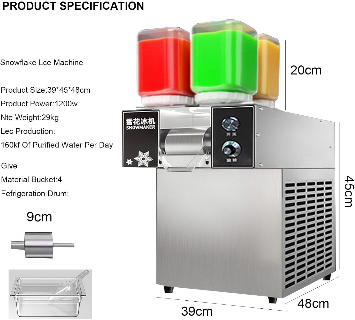 Commercial Automatic Electric Ice Crusher, Snow Cone Shaved Ice Machine, Snowflake Ice Machine, Air-Cooled Ice Machine For Home, Food Trucks, Restaurants, Milk Tea Stores, 24 Hours - 16 Kg