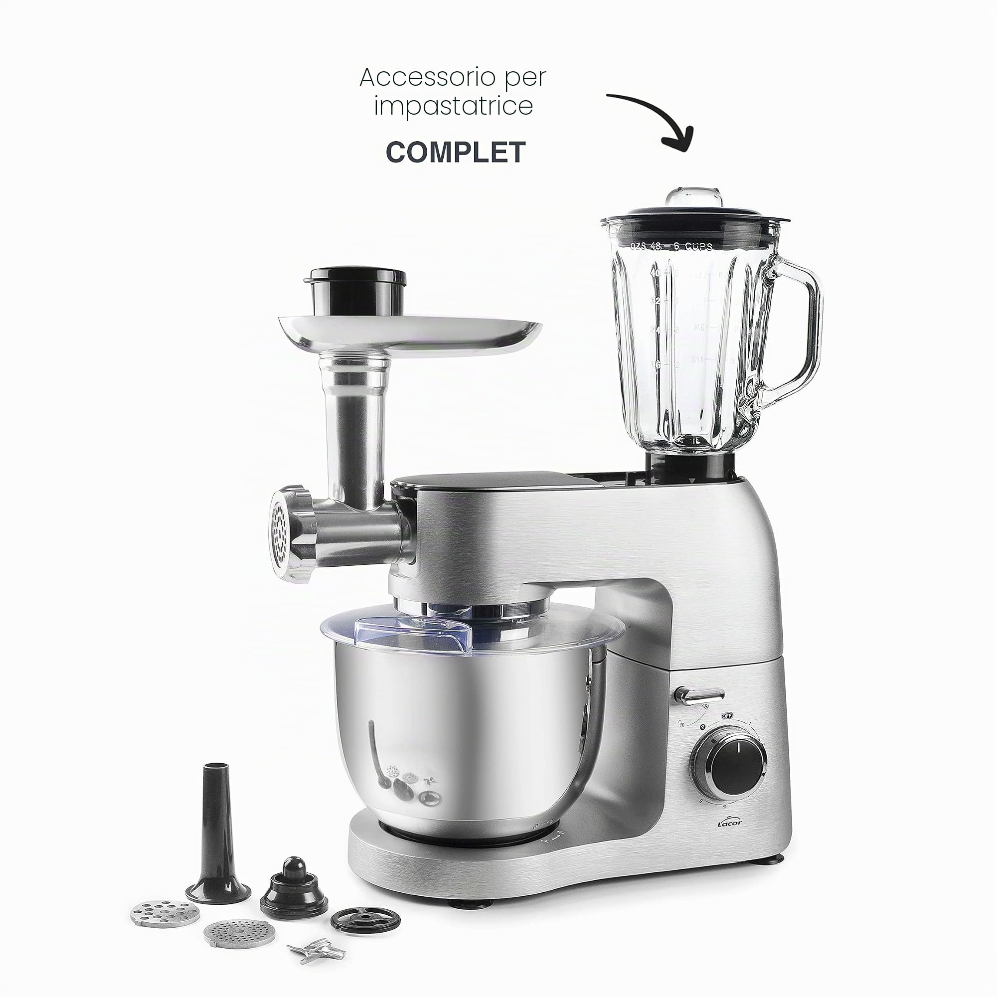 Lacor - 69684 - Caraffa in vetro per frullatore 1,5 L, accessorio originale compatibile con impastatrice Complet rif. 69583, 4 lame in acciaio inox, coperchio ermetico, per succhi, frullati e creme