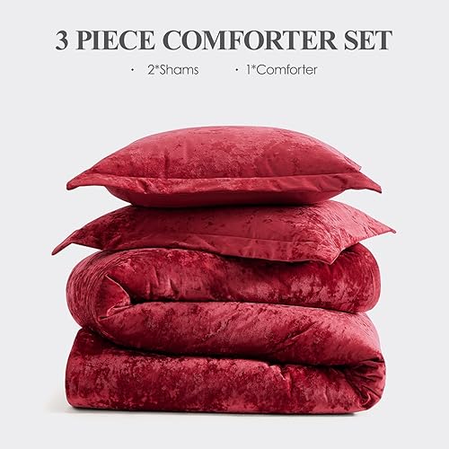 Miniatura 7 de WRENSONGE Juego de edredón de terciopelo tamaño King, juego de ropa de cama de terciopelo triturado de lujo de 3 piezas, color rojo vino, para todas