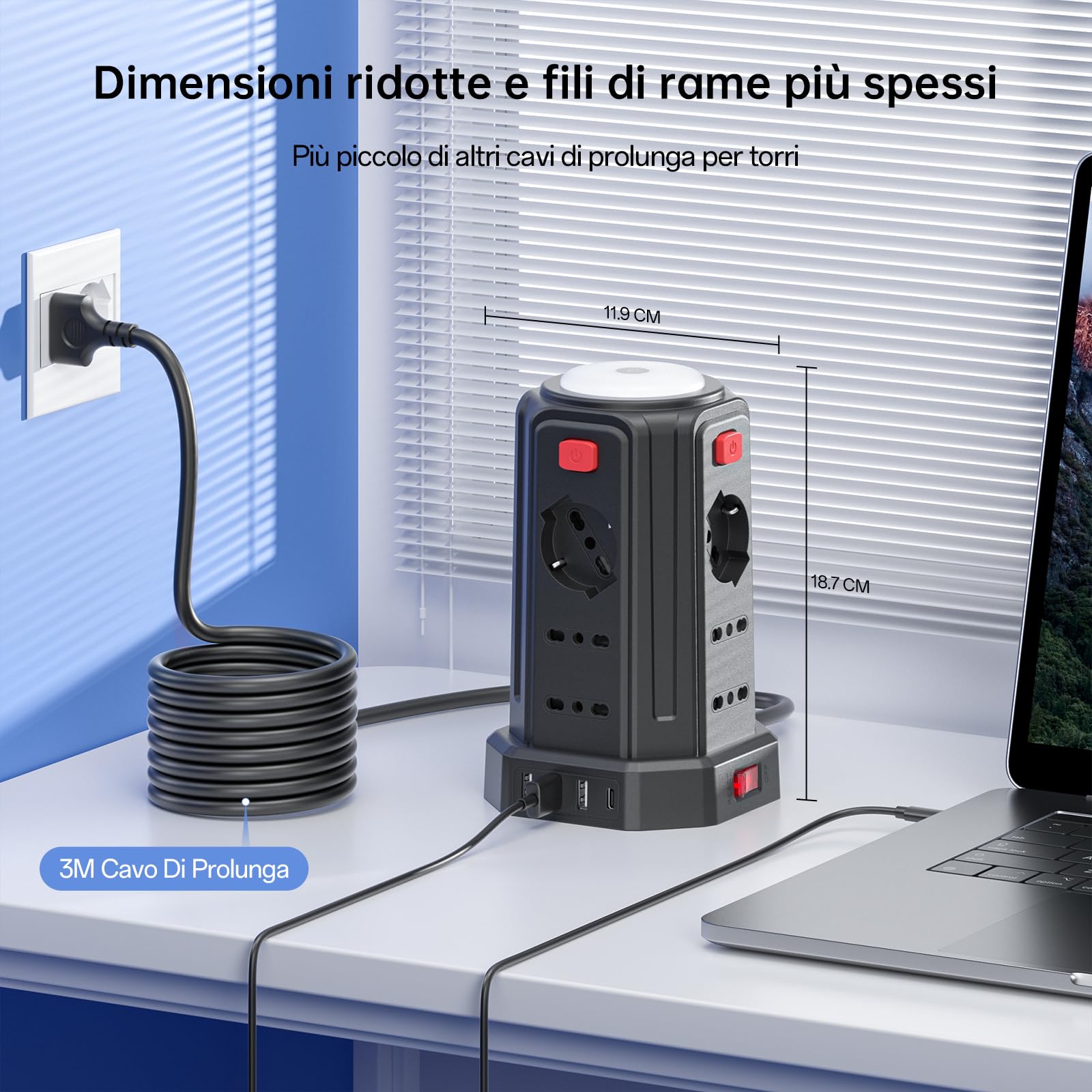 3 m Steckdosenleiste mit Nachtlicht 12 Universalsteckdosen 10/16 A ITA und Schuko und 3 USB A + 1 USB C Überspannungsschutz mit 4 unabhängigen Schaltern für Büro, Zuhause