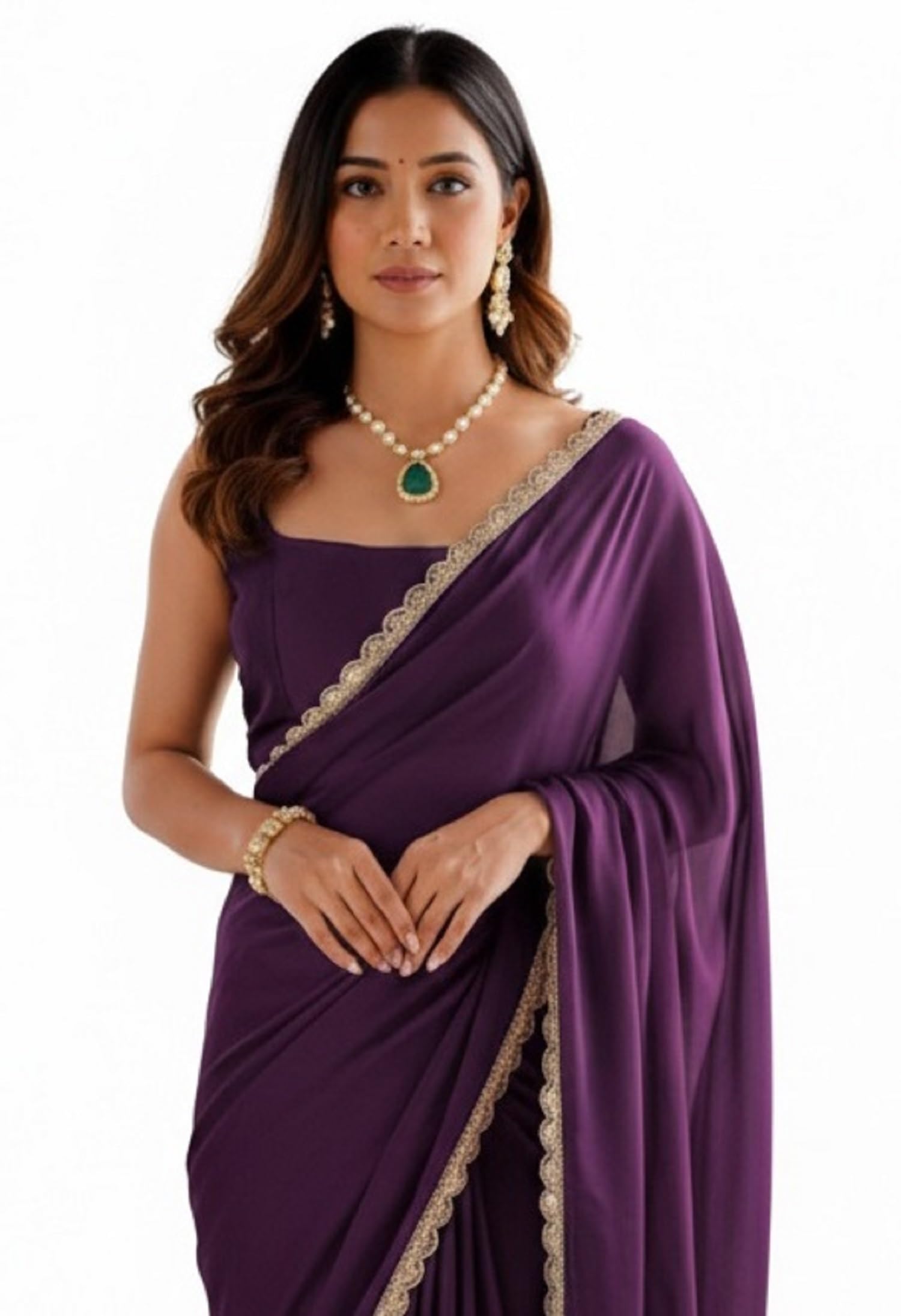 Ready To Wear Saree For Women Wine Georgette One Minute Readymade Stitched Scalloped Border Lace With Unstitched Blouse-image-16