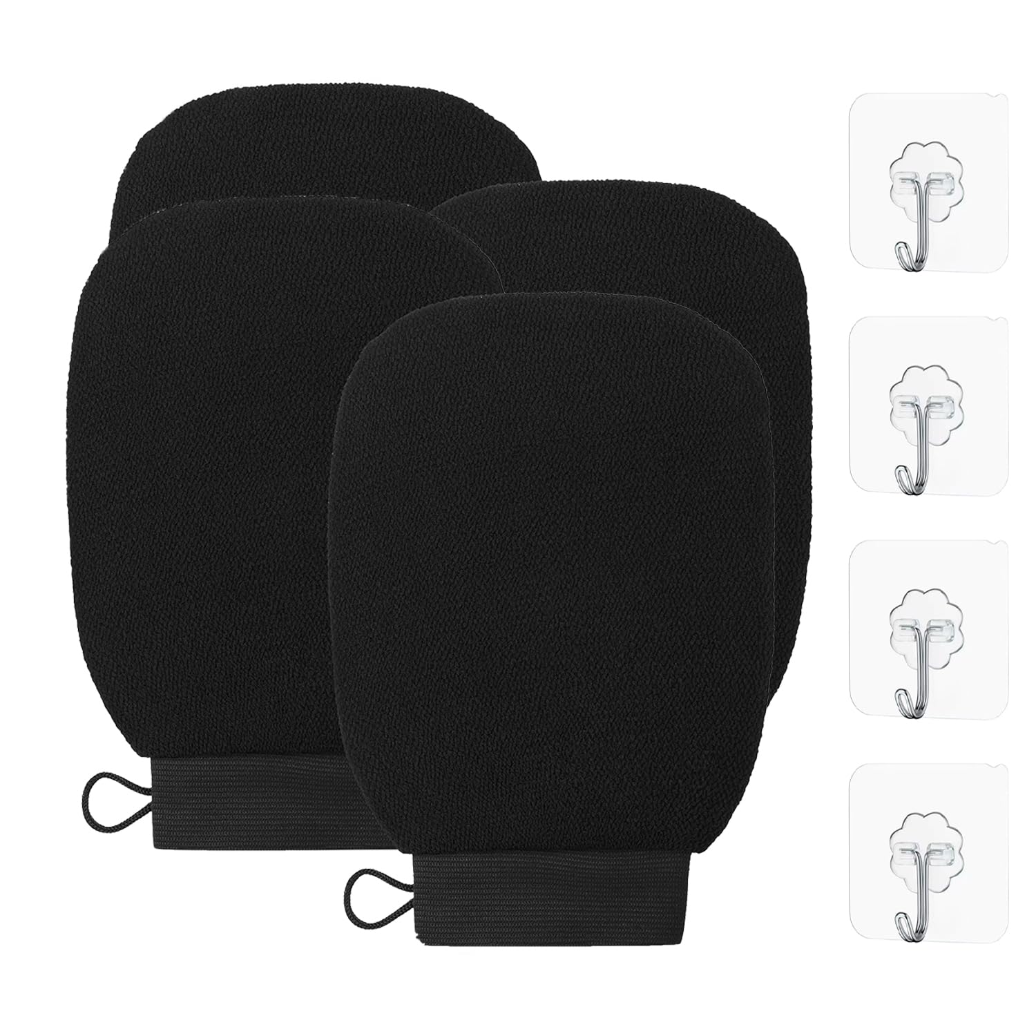 XHNFCU4 Pieces Black Exfoliating Gloves with 4 Pcs Hooks, Scrub and Remove Dead Skin Cells Double-sided Body Bath Mitt Body Scrub Gloves Comfortable Scrub Exfoliating Glove for Women and Men