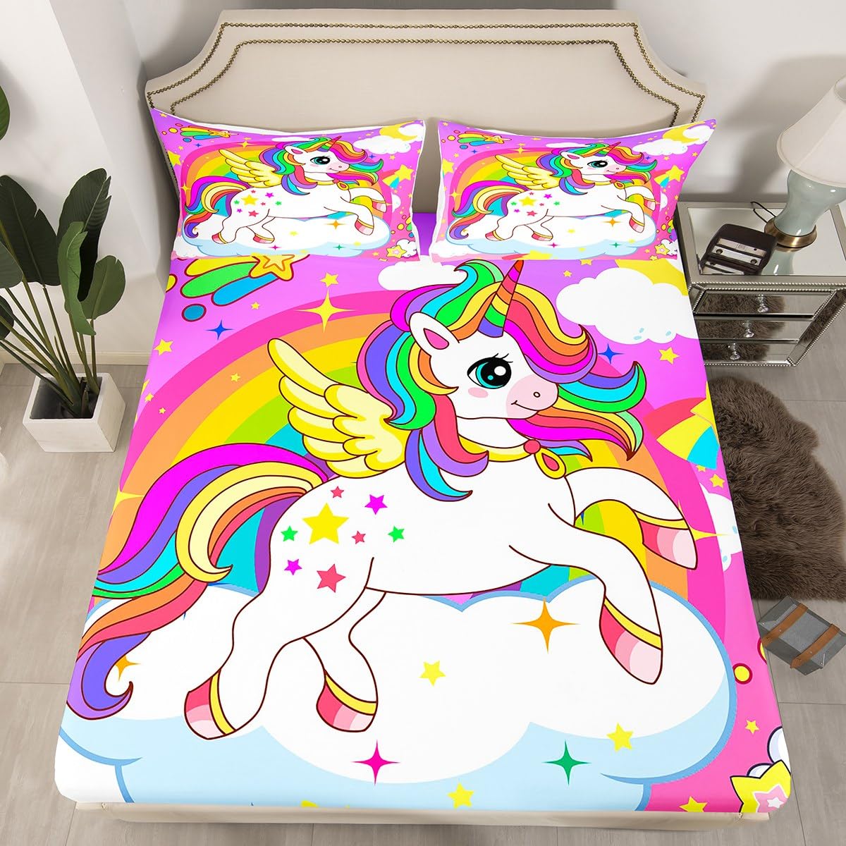 Juego de sábanas de Unicornio para niñas con Bolsillo Profundo, Juego de sábanas de Unicornio Lindo para niñas, Juego de sábanas de Caballo de ensueño para Unicornio mágico Morado, Juego de Cama lige