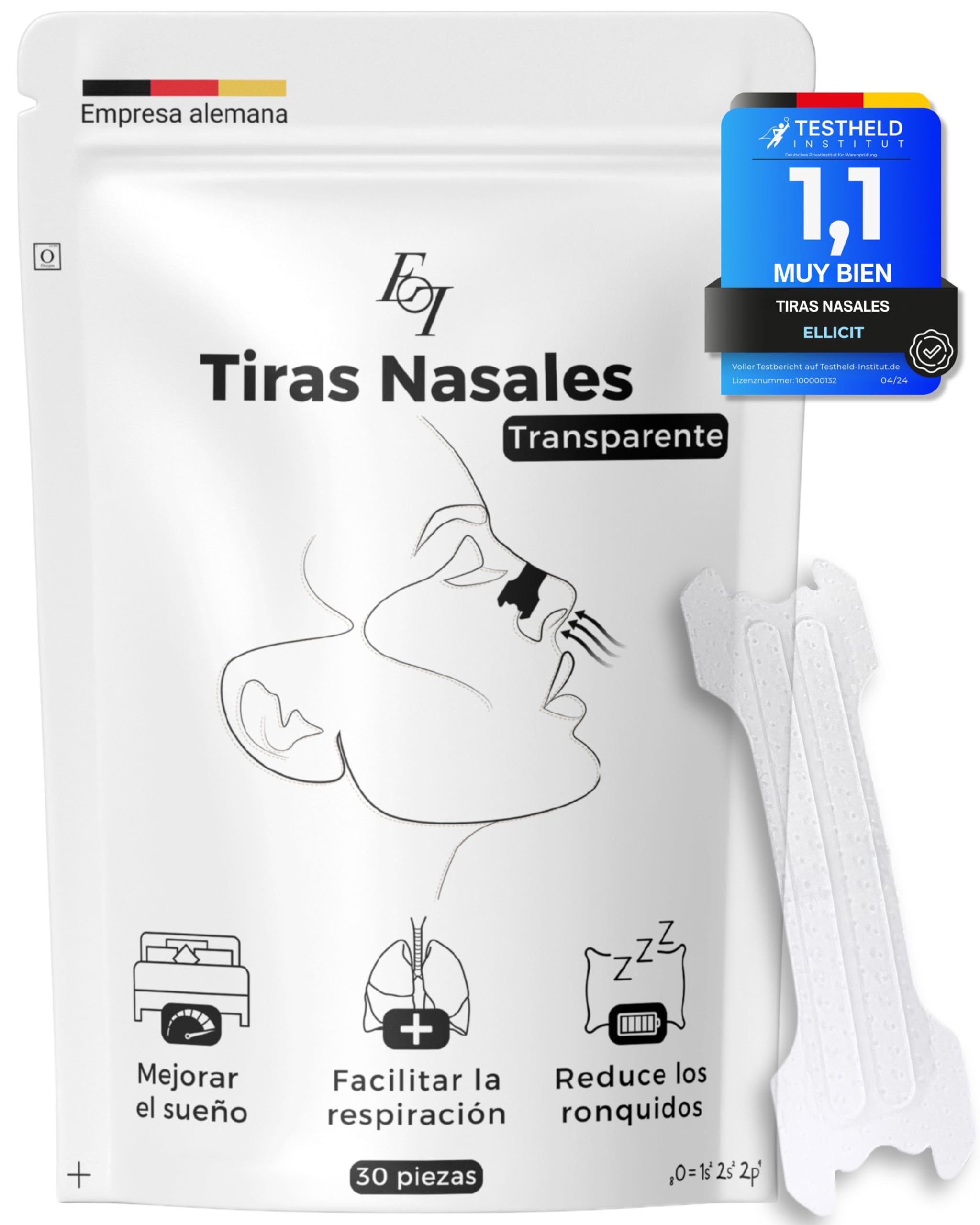 Ellicit Tiras Nasales Transparentes, paquete de 30 tiras nasales premium, contra los ronquidos, soporte extra para deportes y mejor calidad del sueño, mejor respiración con la nariz tapada