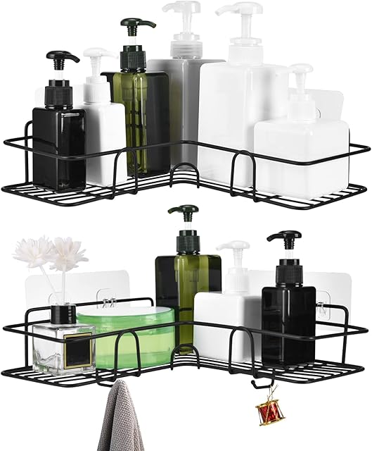 ROSNONG Bathroom Corner Shower Caddy, Black Shower Organizer Storage, No Drilling Shower Shelves Shower Racks with Adhesive Hooks, Bath Accessories Shampoo Holder for Apartment Dorm Toilet (2 Pack)