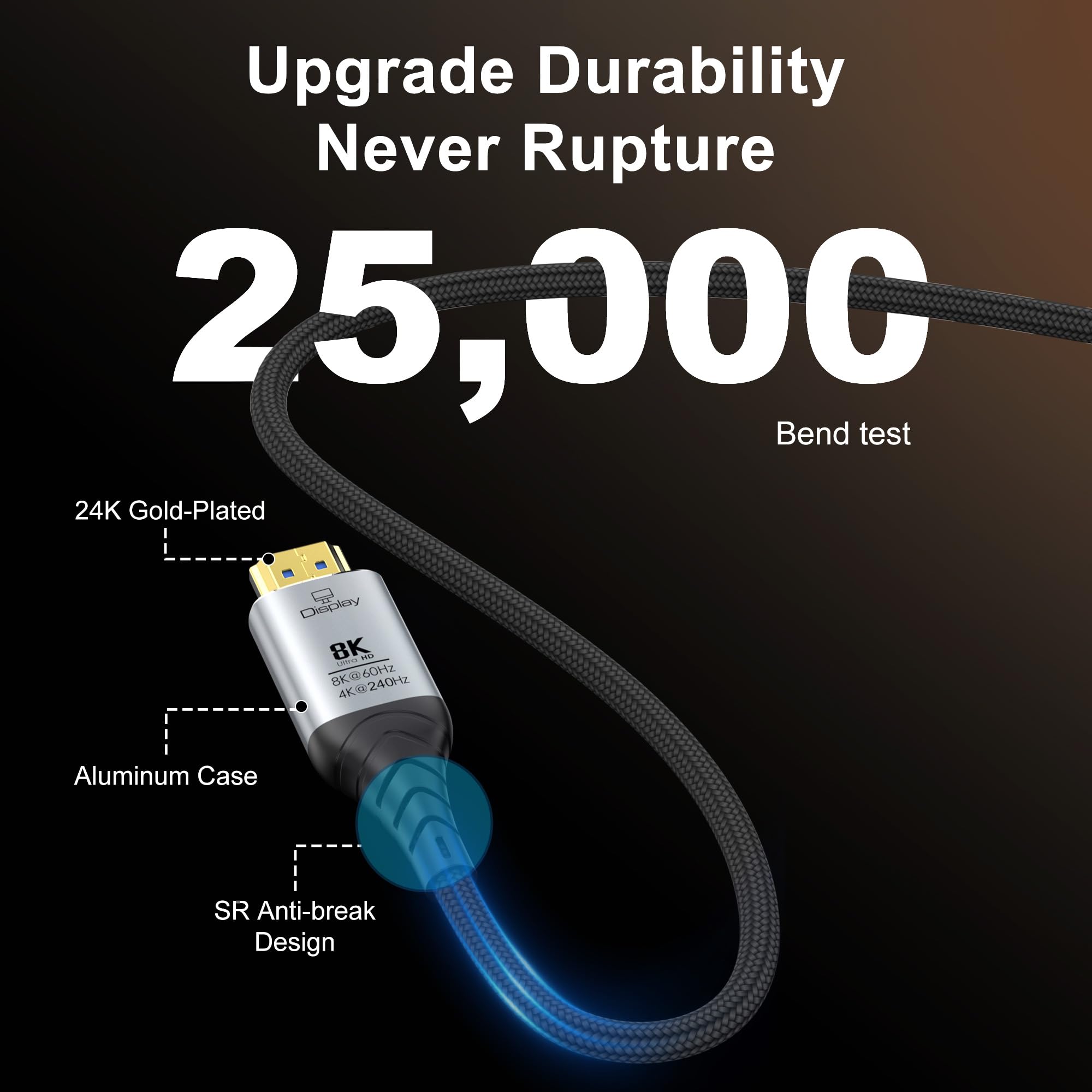 Cable HDMI de fibra óptica de 20 pies, cable HDMI 2.1 largo 8K, 48 Gbps, trenzado de ultra alta velocidad 8K a 60Hz 4K a 120Hz, HDR dinámico, eARC, HDCP 2.2 y 2.3, 3D, para PS5, Xbox, HDTV
