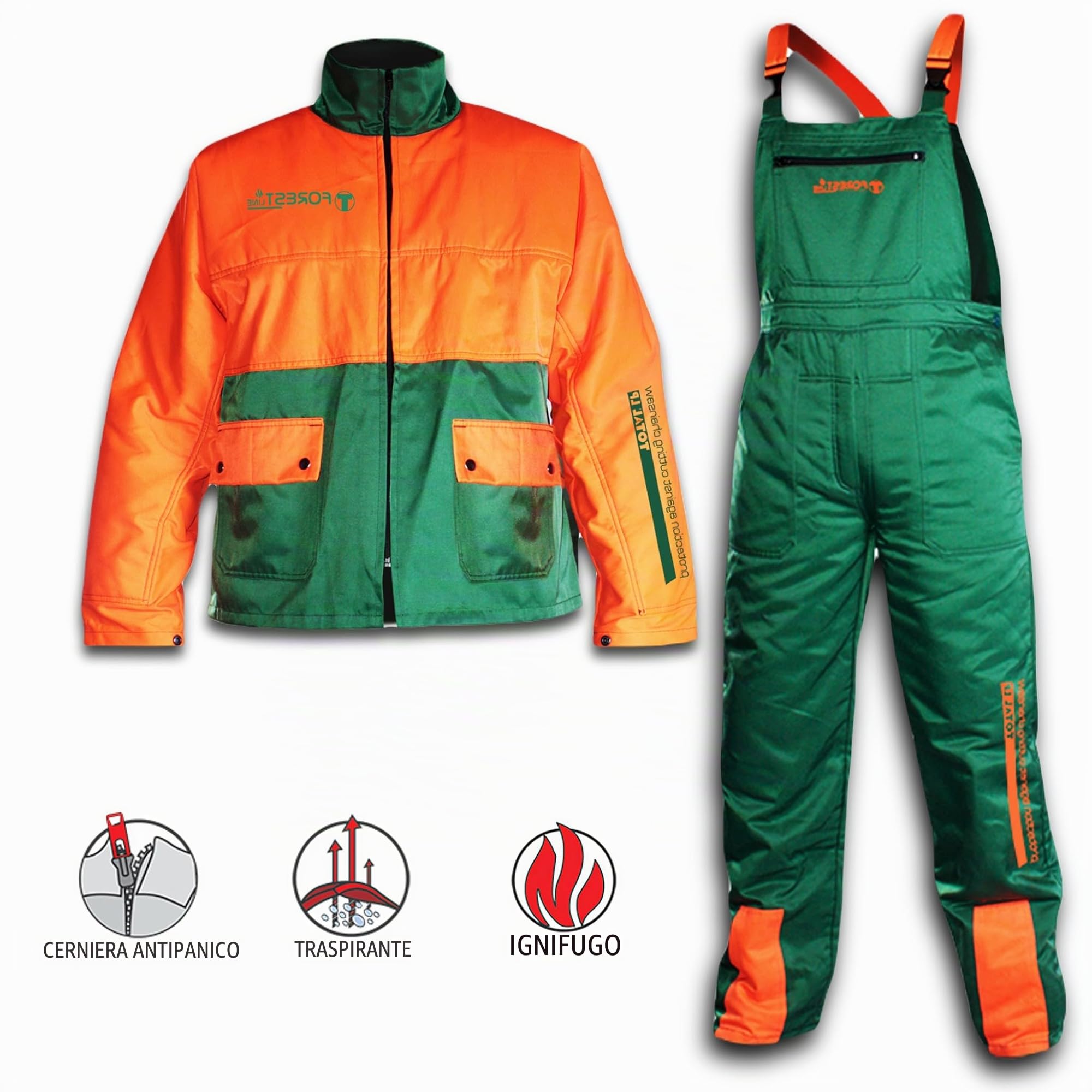 Bricoloco Giacca e Salopette pantaloni antitaglio Motosega 65% Poliestere e 35% Cotone con 12 Strati di Materiale Ritardante Taglio e Fodera 100% Poliestere.