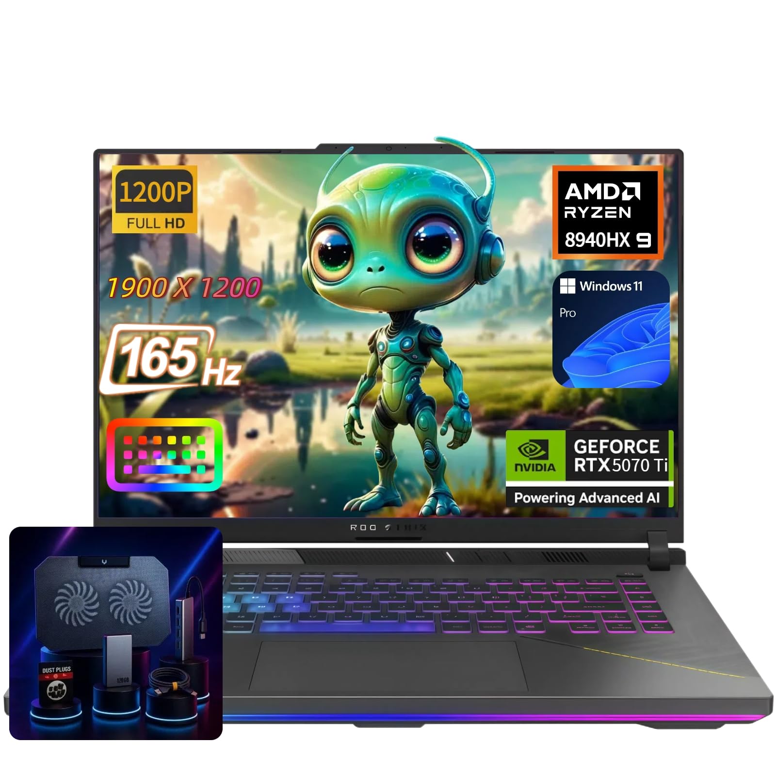ASUS ROG Strix G16 Ordinateur portable de jeu - 16" 165 Hz FHD+ - NVIDIA GeForce RTX 5070 Ti - AMD Ryzen 9 8940HX (jusqu'à 5,2 GHz) - Win11 Pro, Ko rétroéclairé, Wi-Fi 6E, avec accessoires (32 Go de