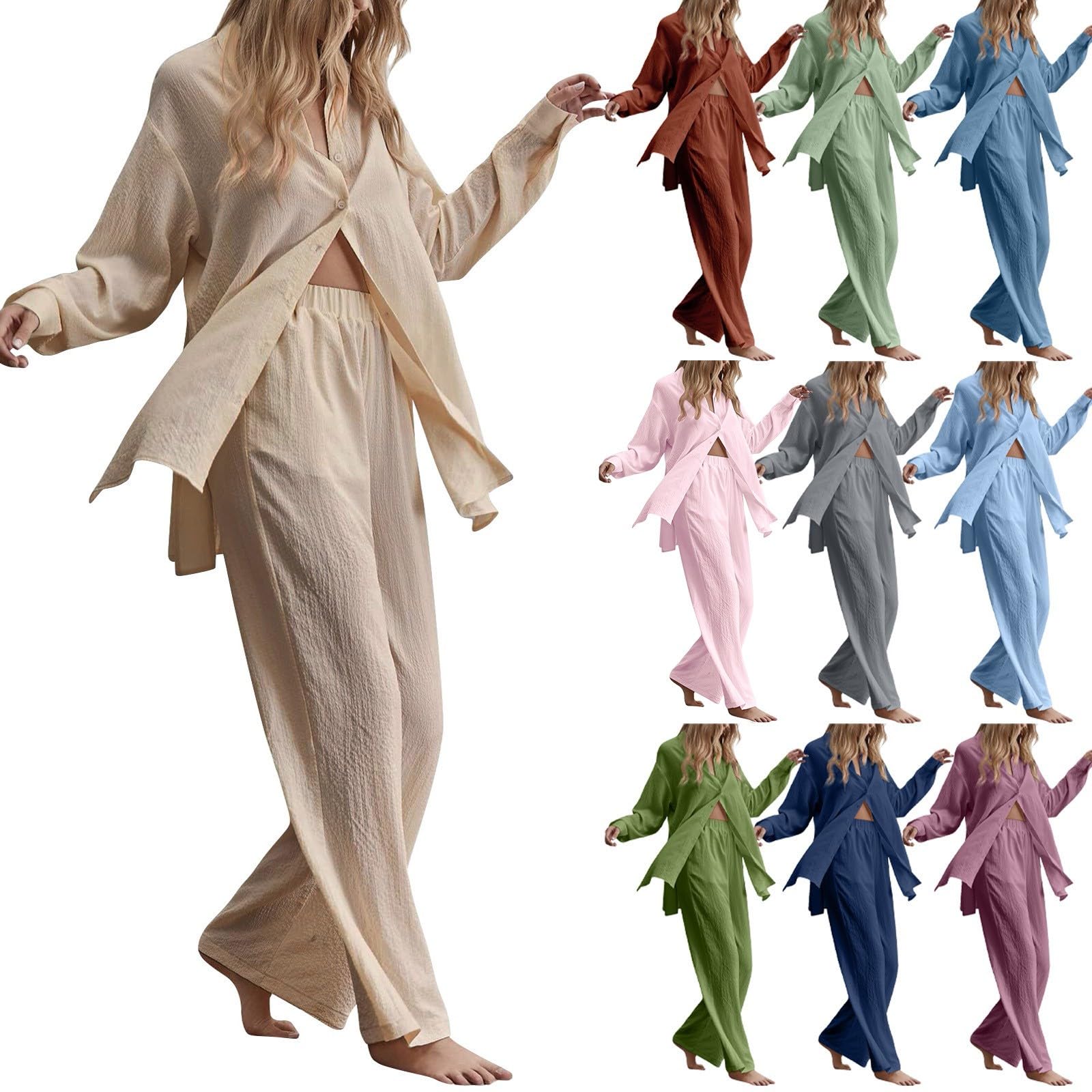 Ensemble Femme Pantalon et Haut Fluide en Lin 2 Pieces Pantalon Large Fluide + Chemise Manches Longues Lin Printemps Été Ample Respirant Ensembles de Vêtements Décontracté Tenue Plage Loungewear
