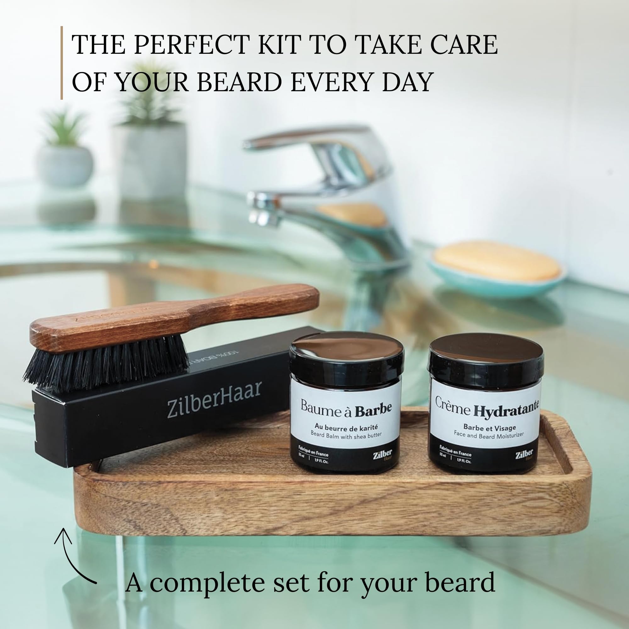 ZilberHaar - Kit de Soins pour Barbe Homme - 1 Brosse à Barbe Regular + 1 Baume à Barbe + 1 Crème Hydratante - Poils de Sanglier Rigides - Pochette en Velours