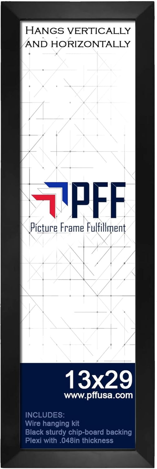 13"x29" Picture Frame | 1.25" Black MDF | Plexiglass and Hanging Hardware Included